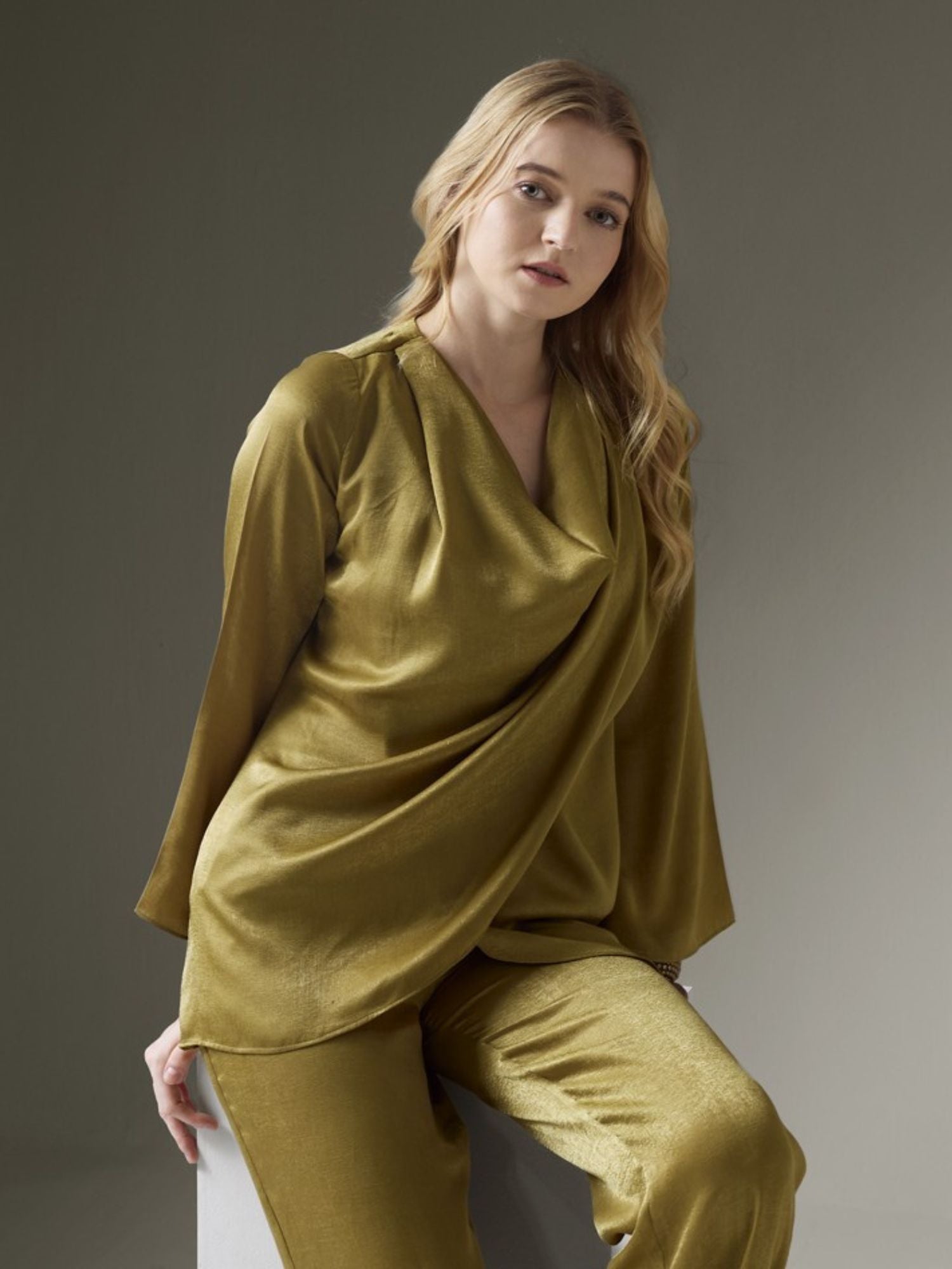 GOLDEN SATIN COWL NECK TOP