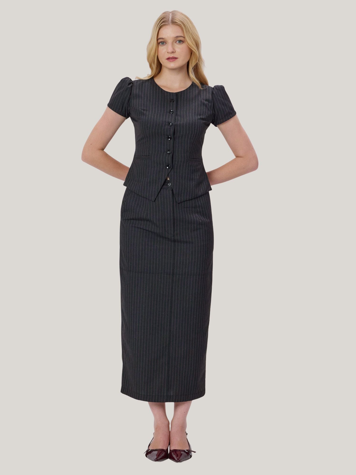 PINK AND GREY PINSTRIPE MIDI SKIRT