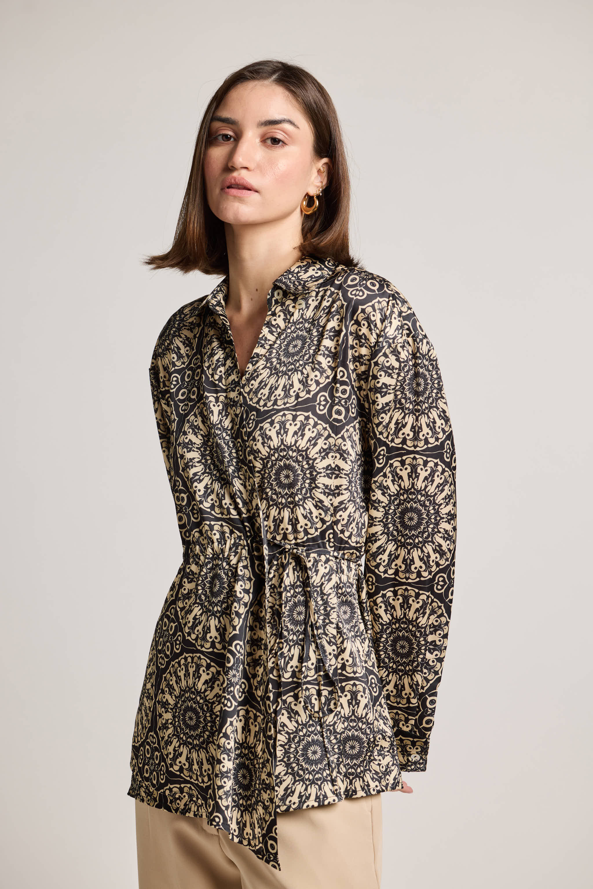 Mandala Black Printed Shirt with Waist Tie