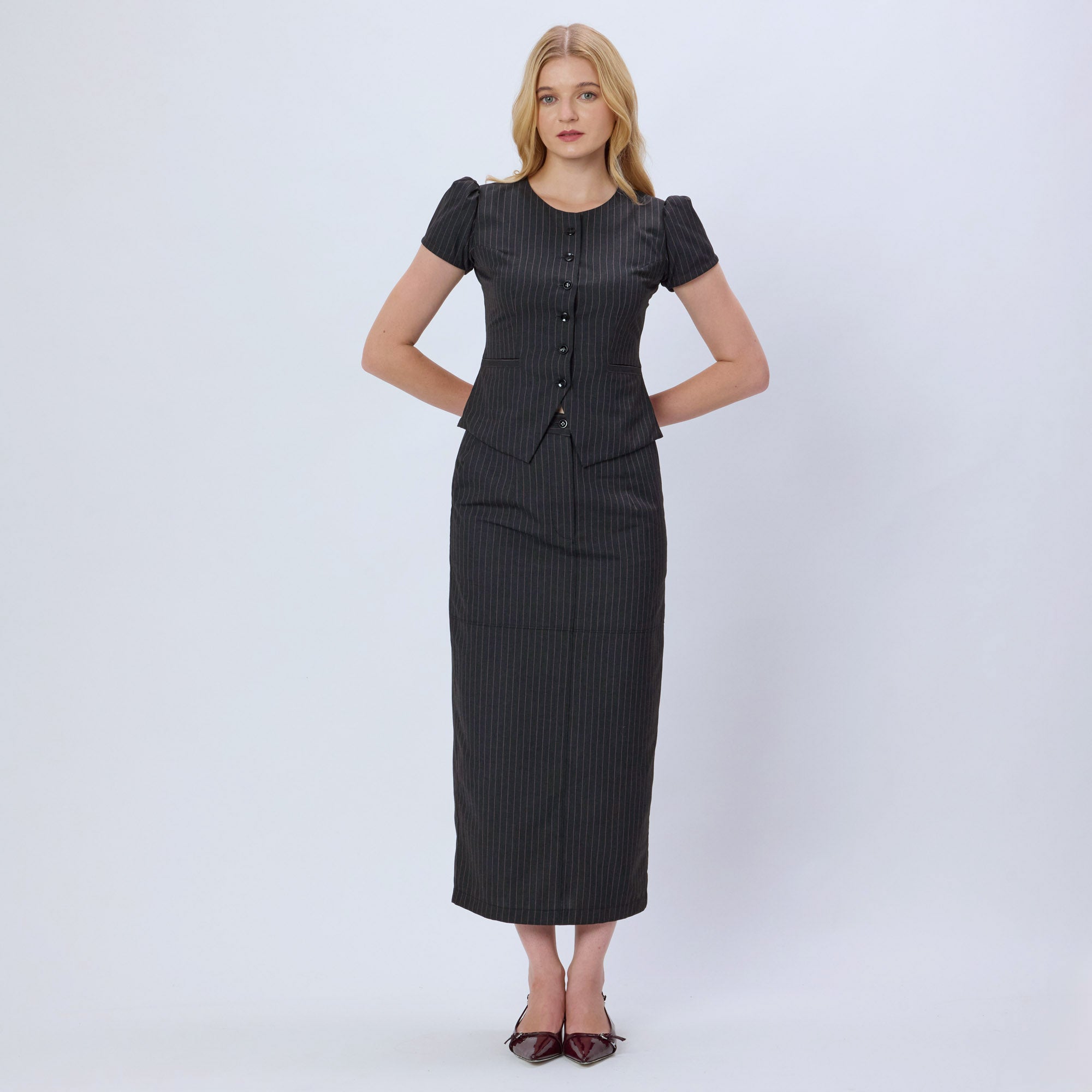 PINK AND GREY PINSTRIPE MIDI SKIRT