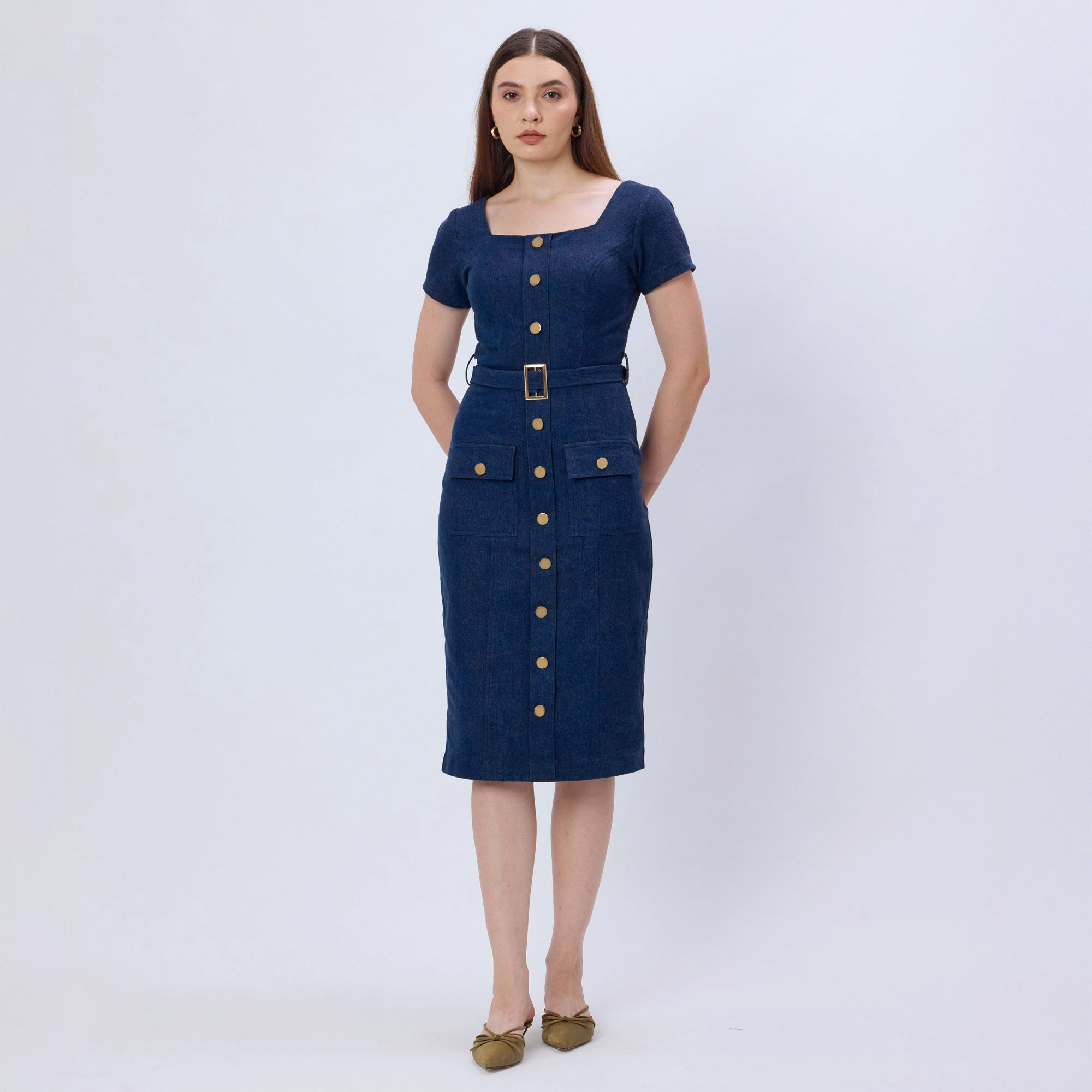 DARK BLUE DENIM MIDI DRESS