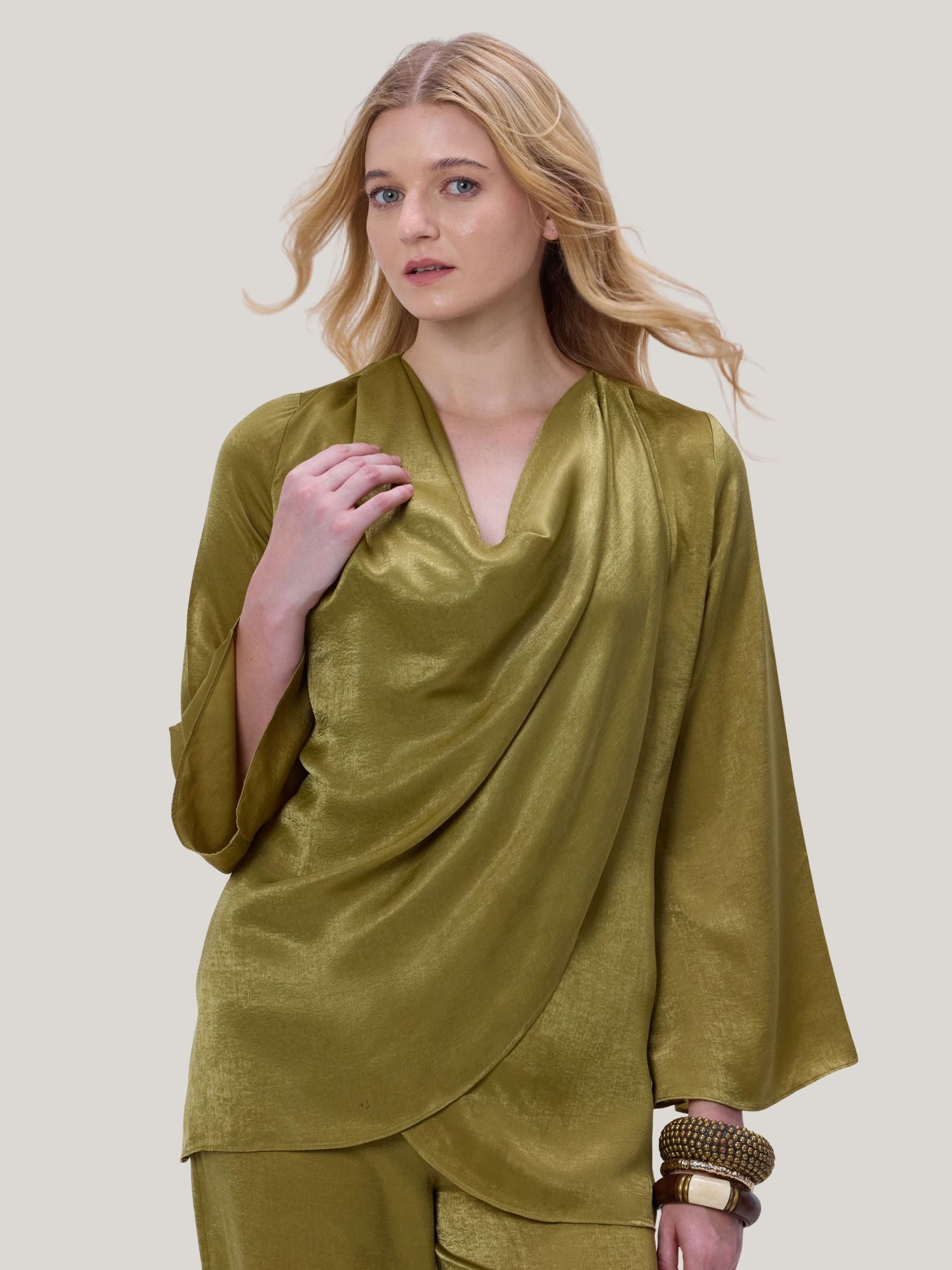 GOLDEN SATIN COWL NECK TOP