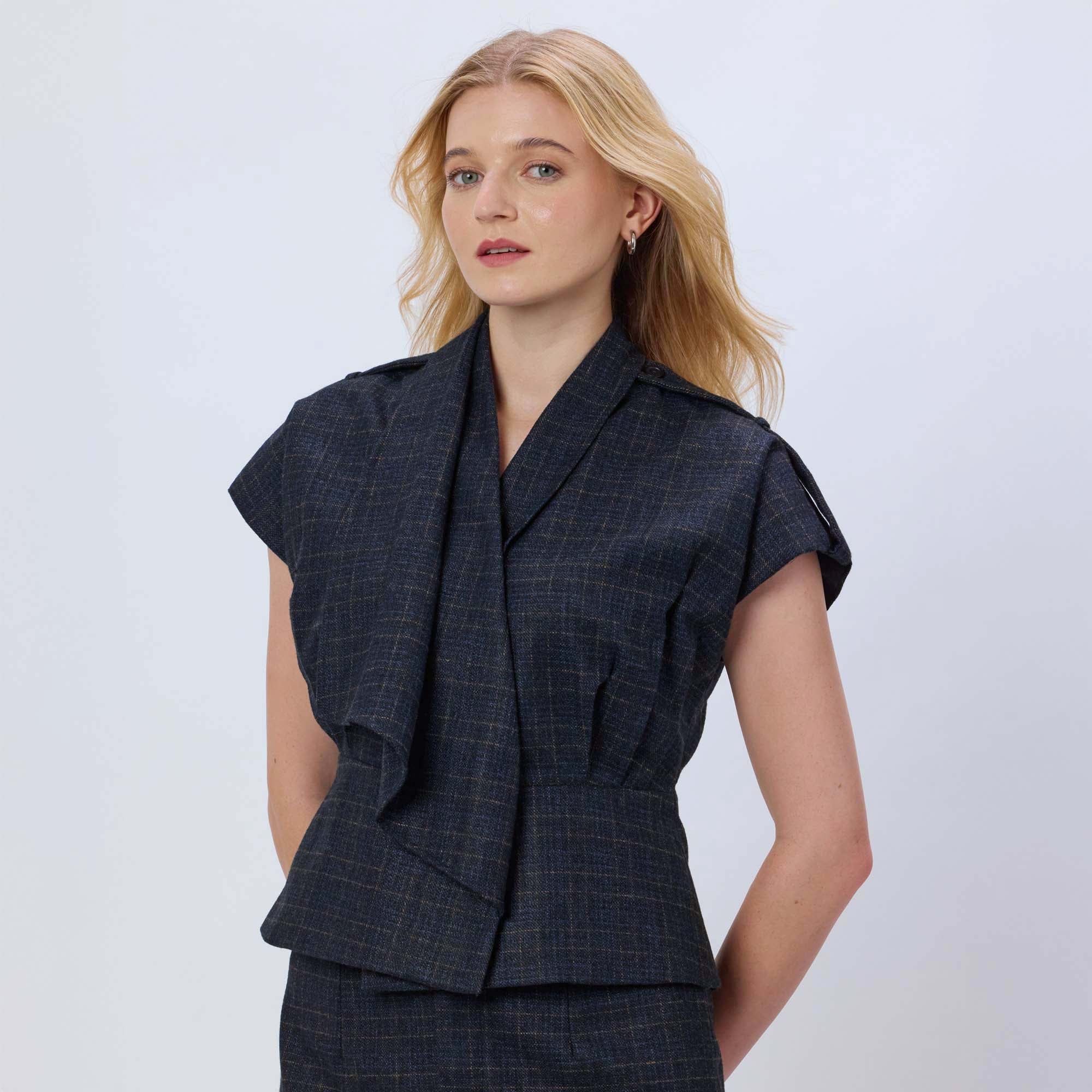 BLUE CHECKED WOOL TWEED TOP