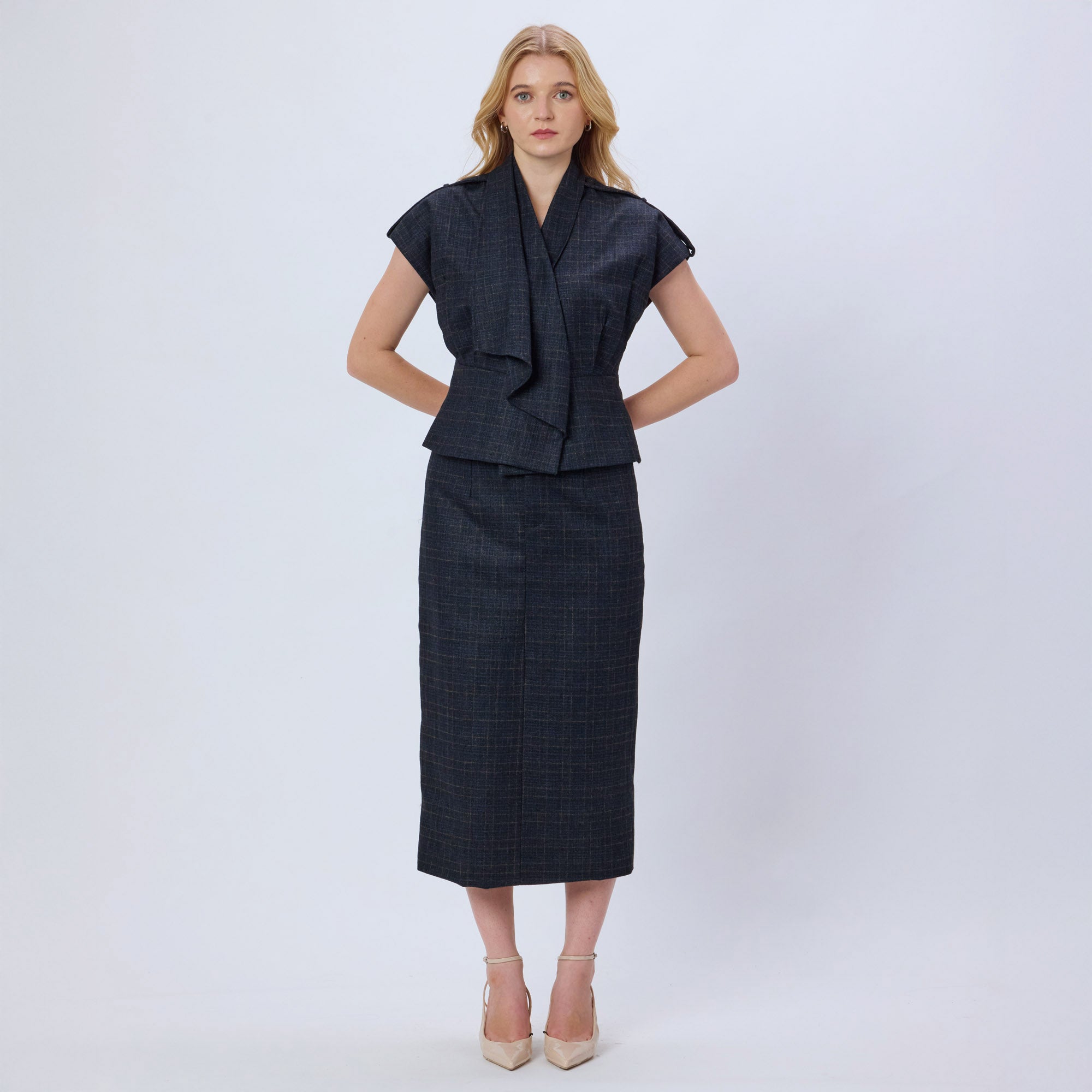 BLUE CHECKED WOOL TWEED SKIRT