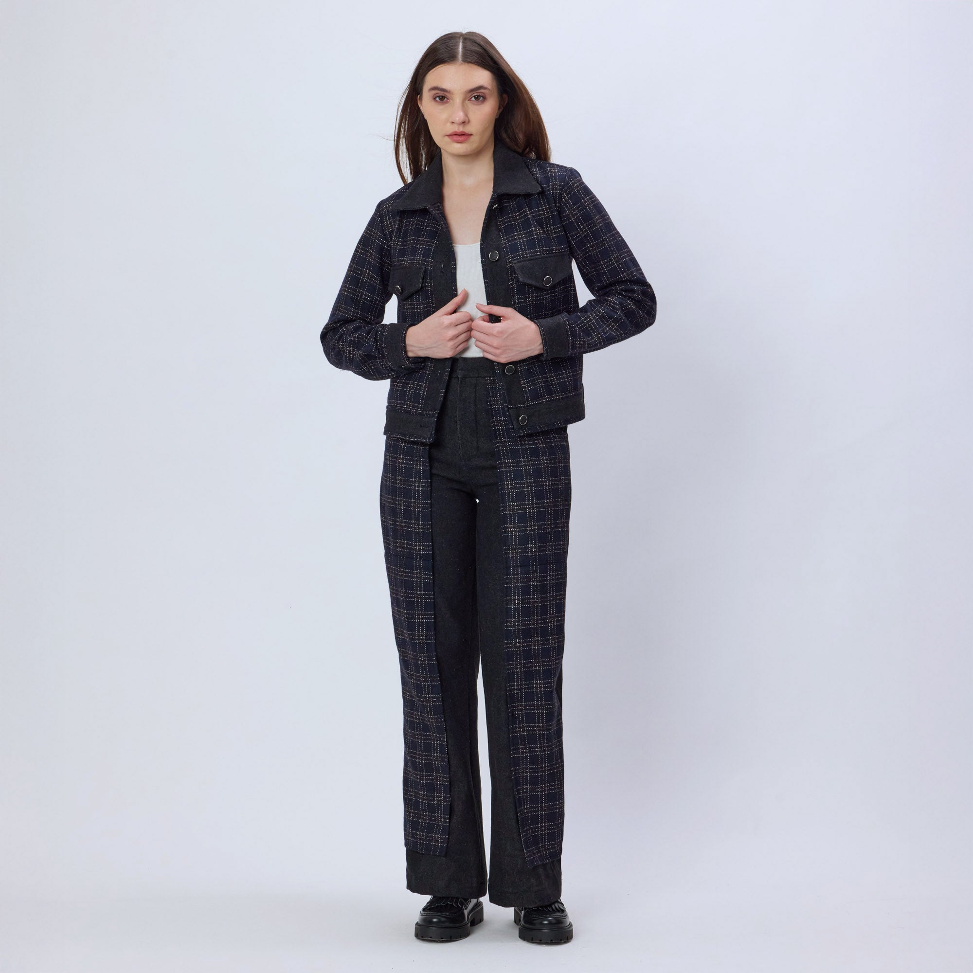 DENIM AND CHECKS TWEED PANTS