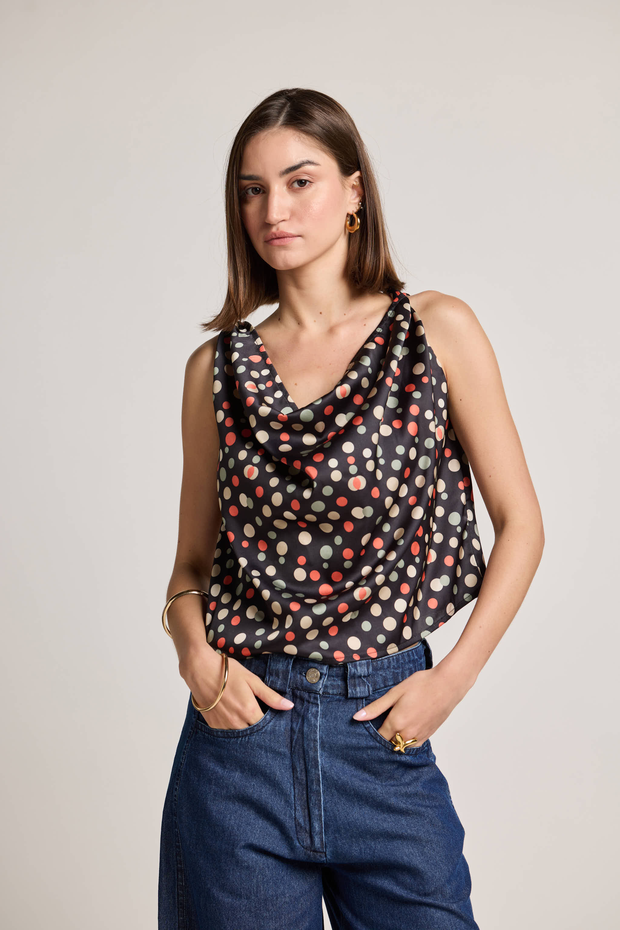 Polka Gems Cowl Neck Sleeveless Printed Top