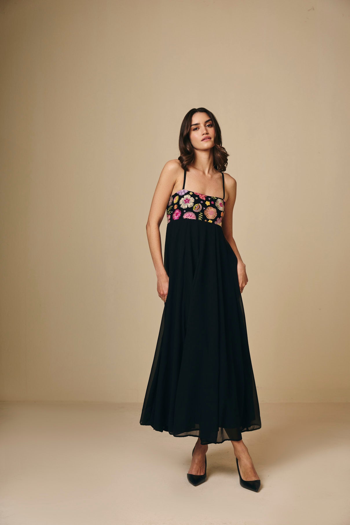 Black Embroidered Georgette Maxi Dress