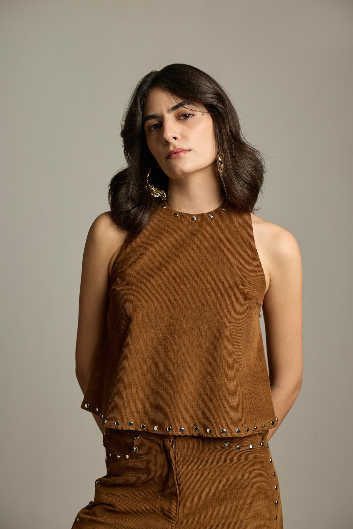 Brown Cotton Corduroy Studded Halter Top