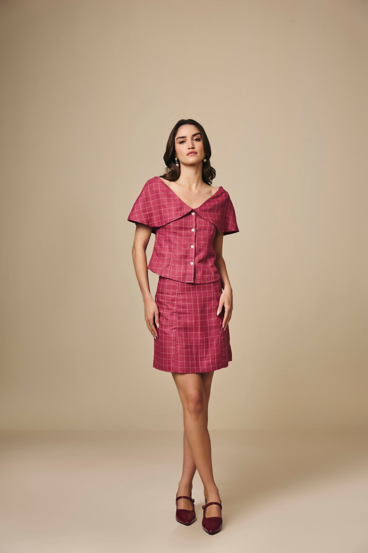 Pink and Cream Checked Cotton Short Skirt