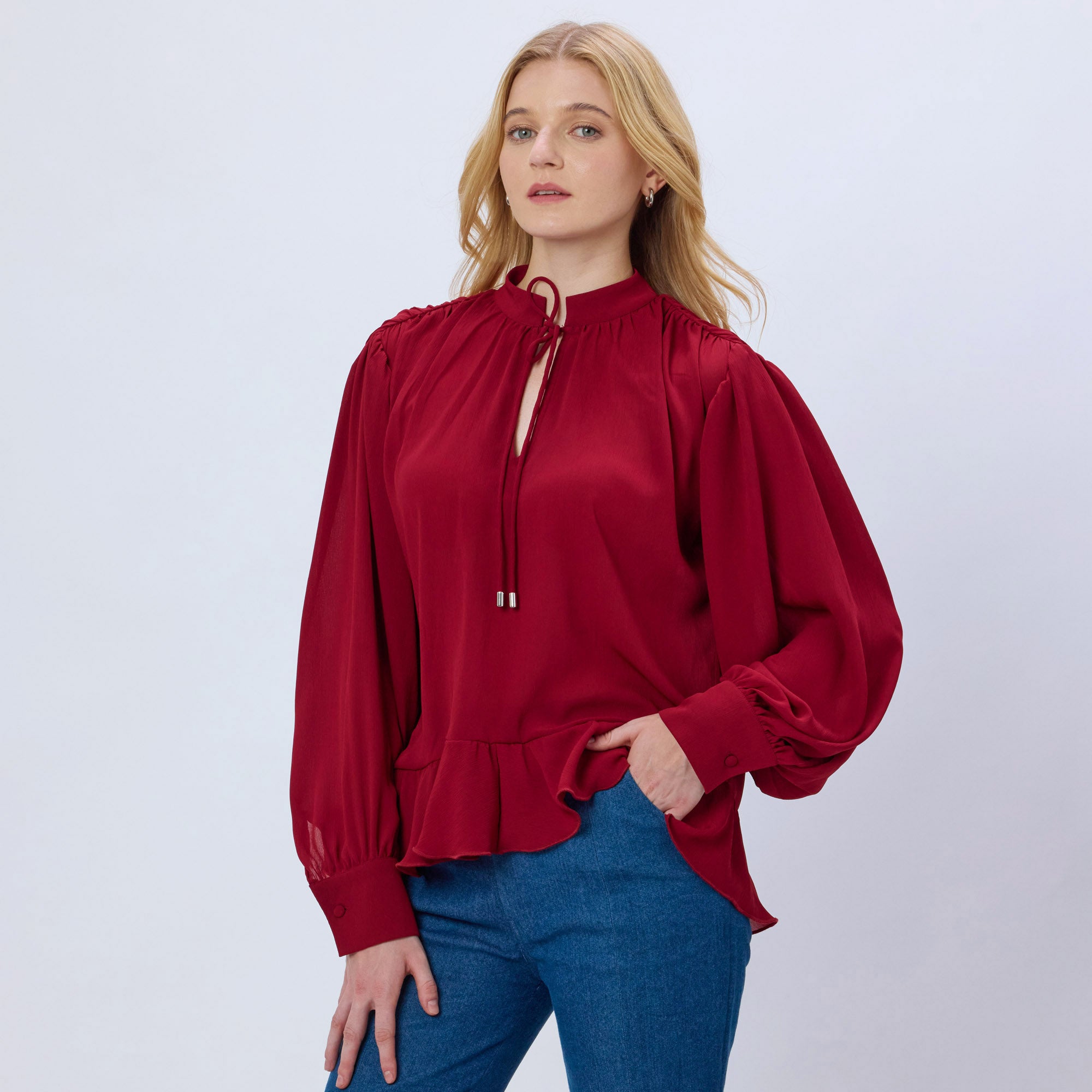 MAROON CHIFFON TIE-NECK TOP