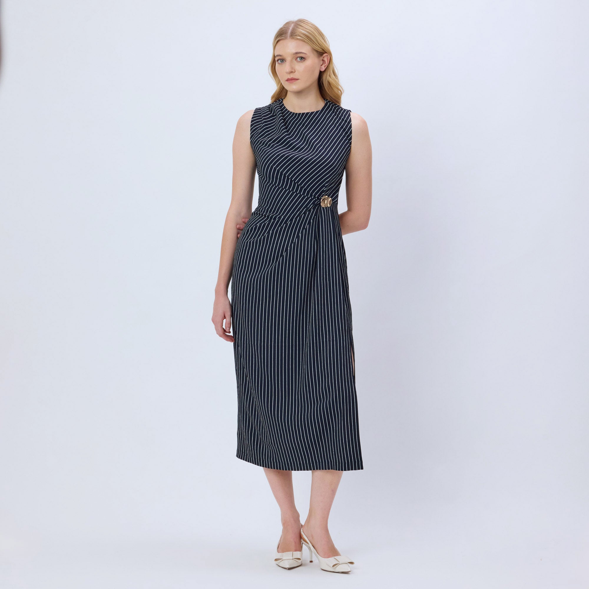 MIDNIGHT BLUE & WHITE STRIPED MIDI DRESS WITH BROOCH