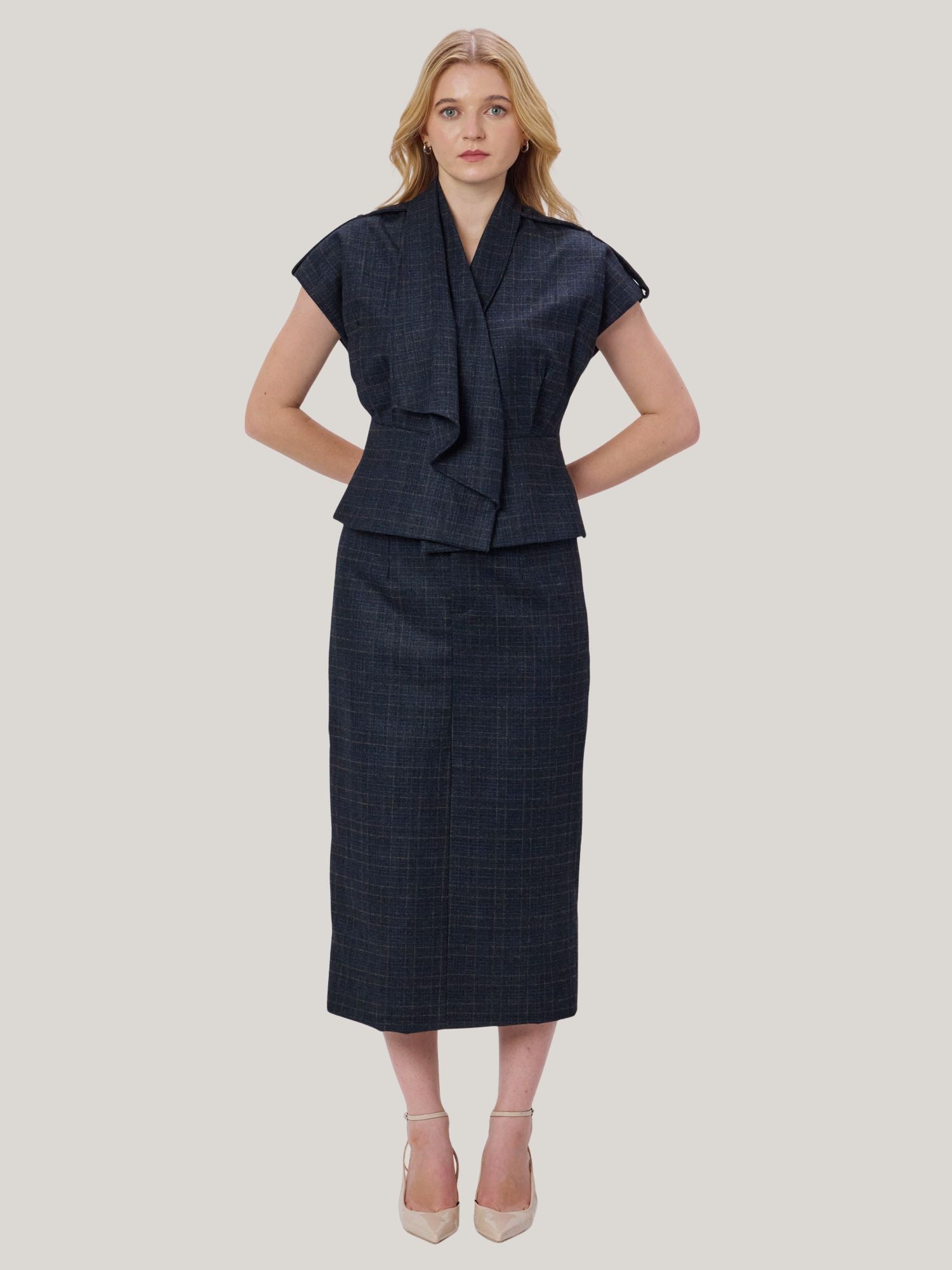 BLUE CHECKED WOOL TWEED SKIRT