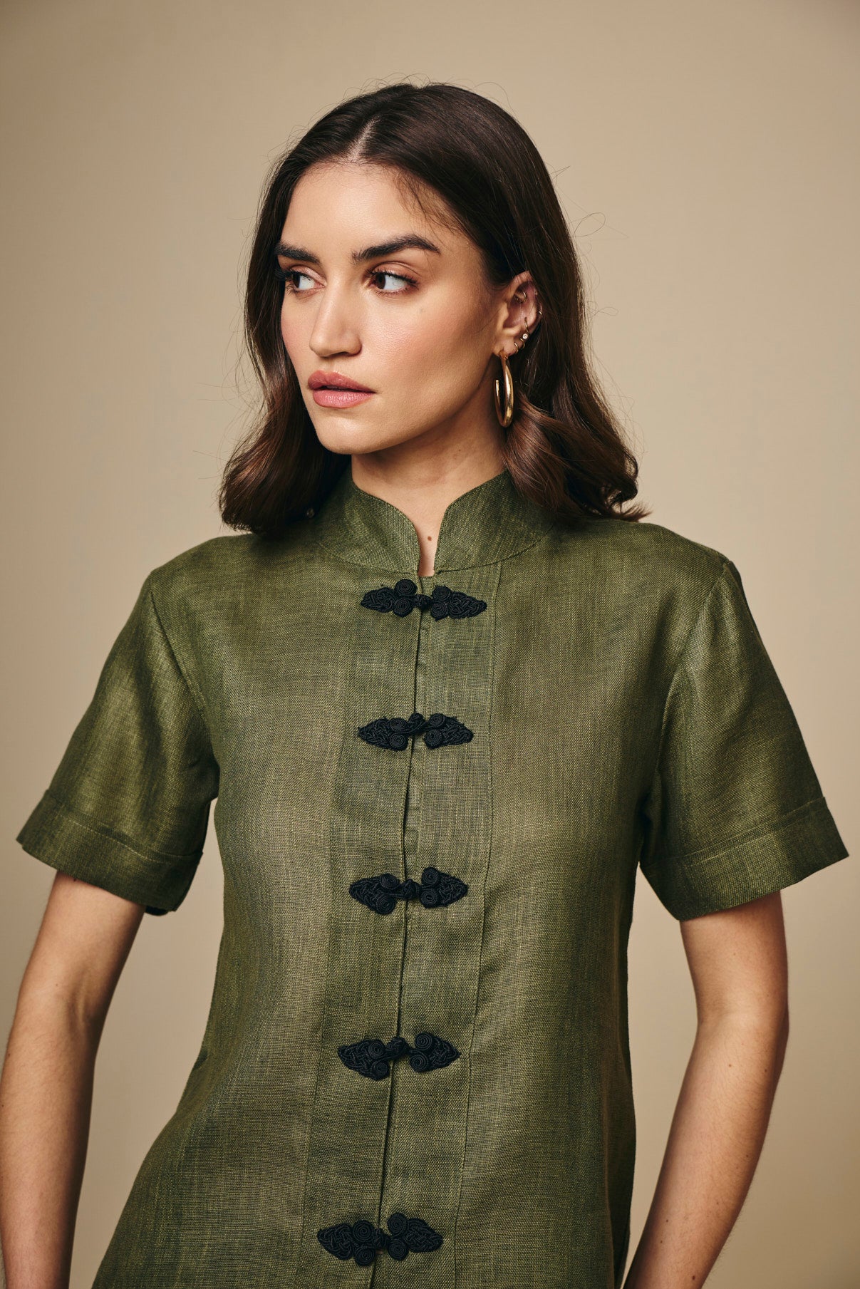 Olive Cotton Linen Mandarin Collar Top with Knot Button Detail