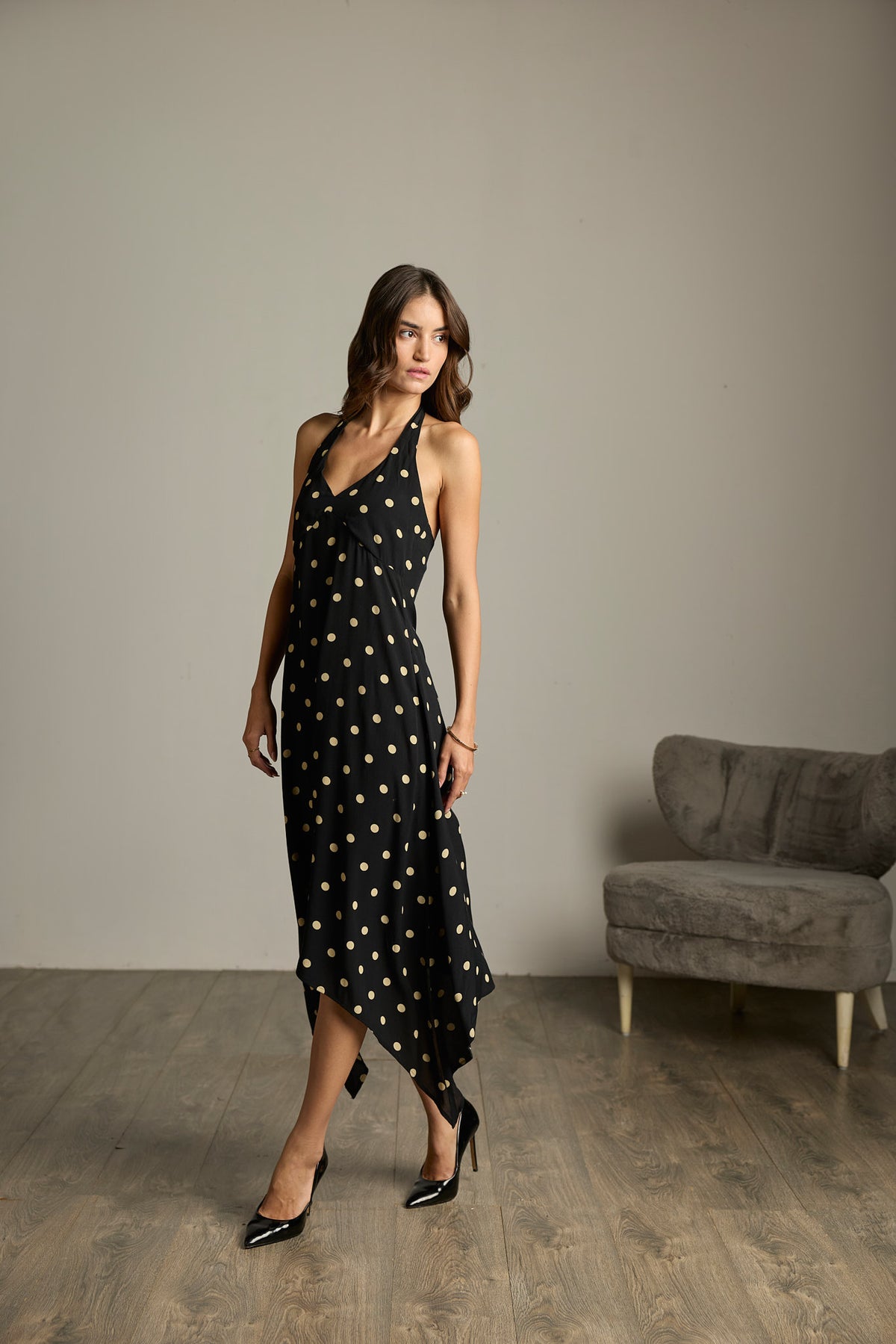 Black & Cream Polka Halter Maxi Dress