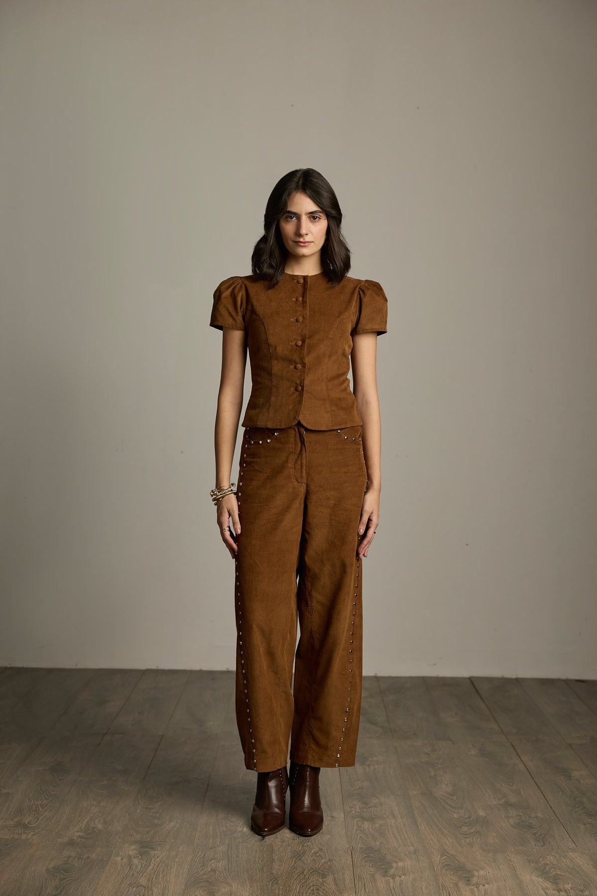 Brown Cotton Corduroy Puff Sleeve Top