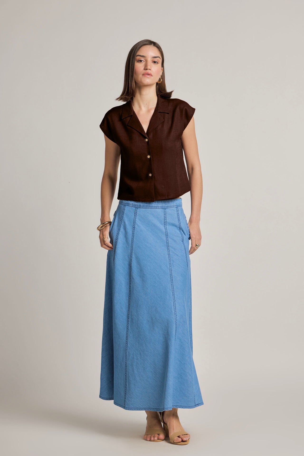 Brown Cotton Linen Short Shirt