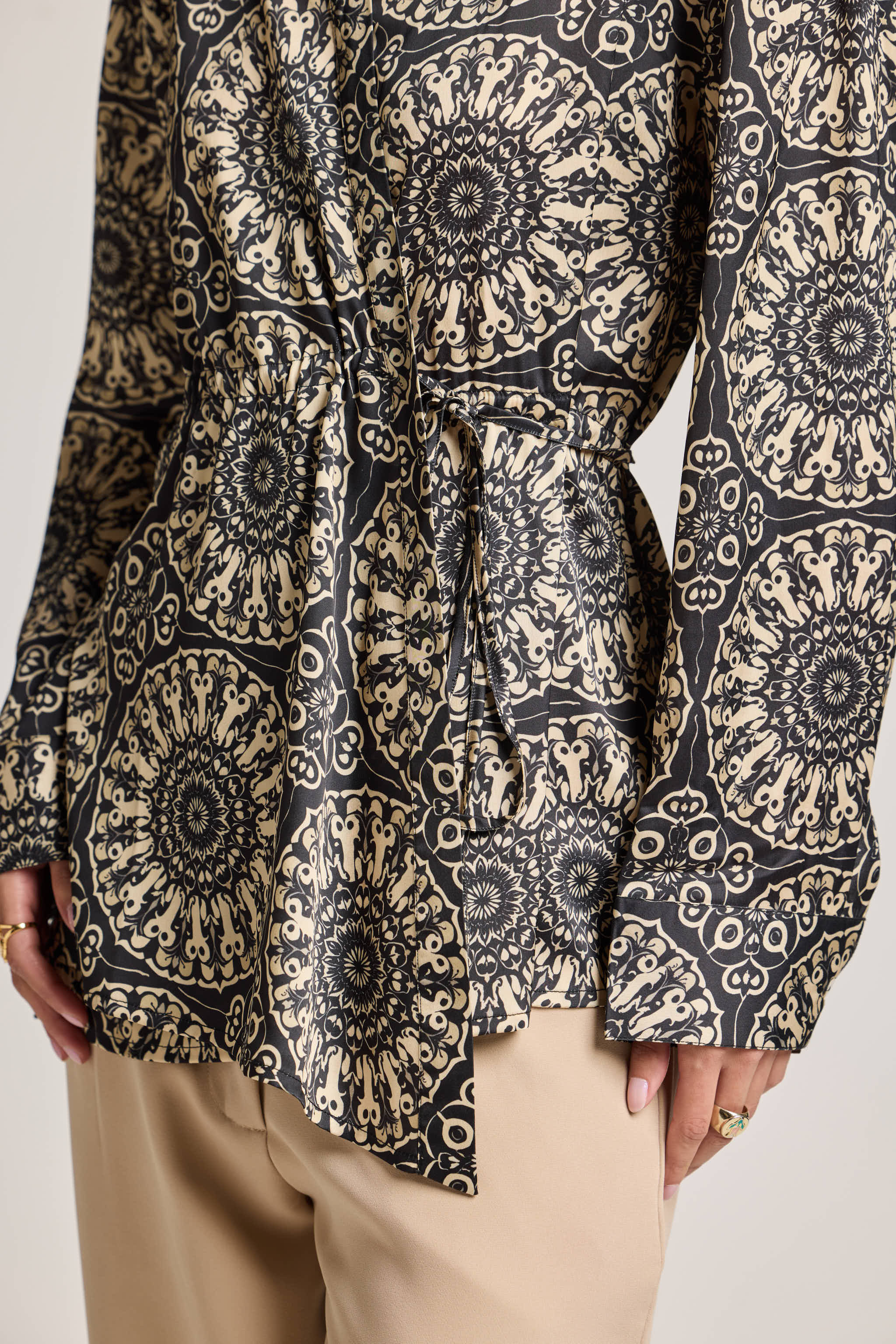 Mandala Black Printed Shirt with Waist Tie