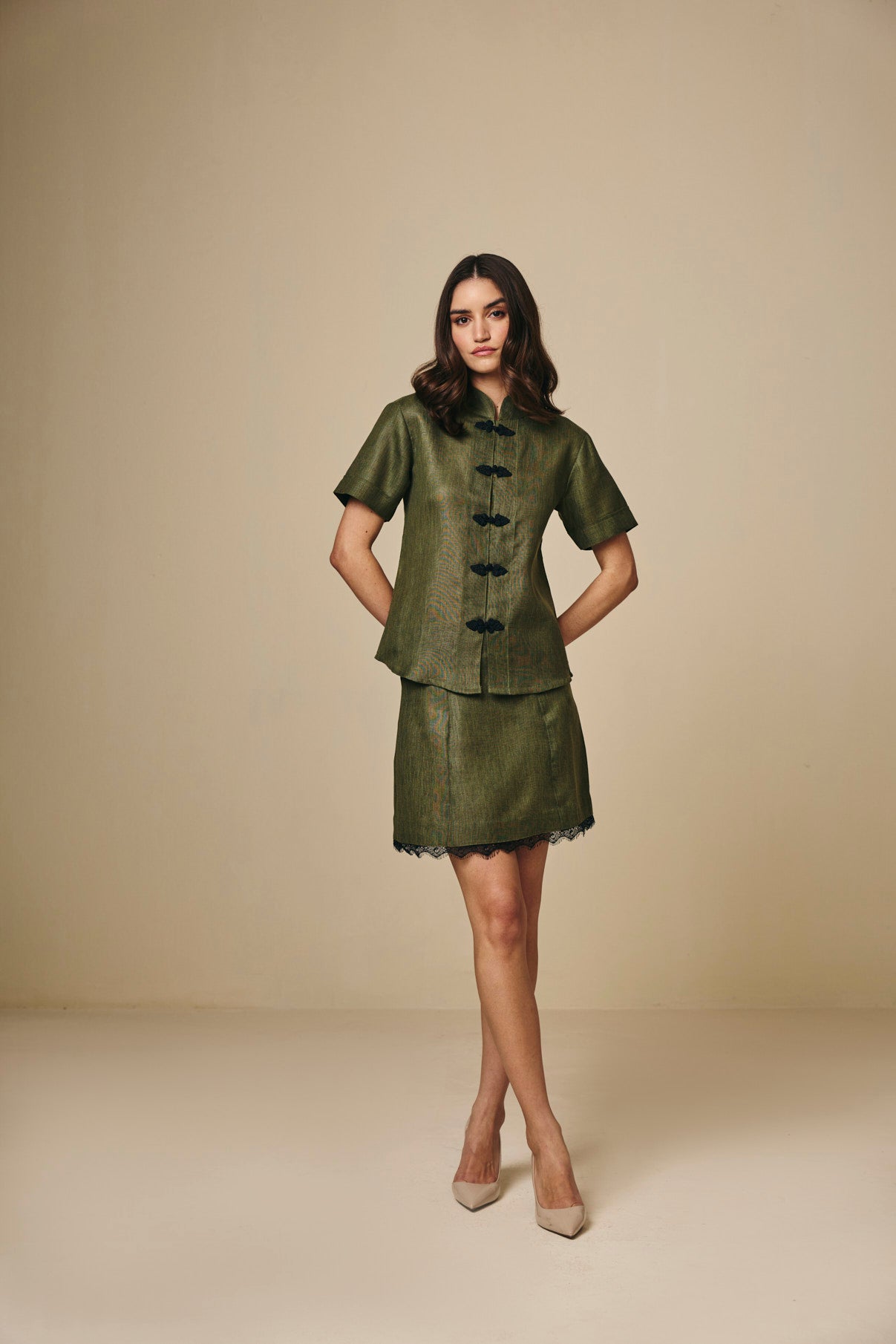 Olive Cotton Linen Mini Skirt with Lace Detail
