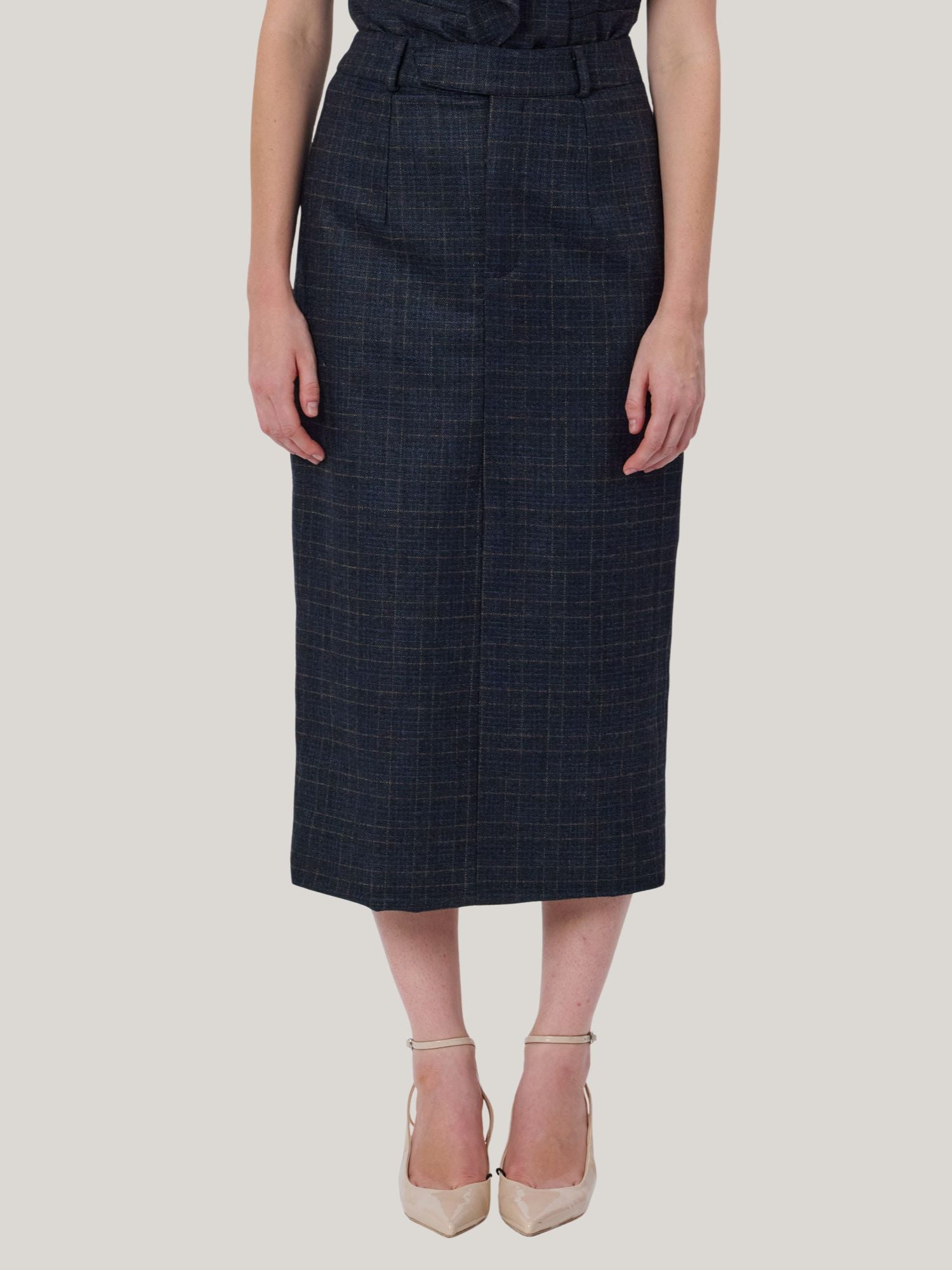 BLUE CHECKED WOOL TWEED SKIRT