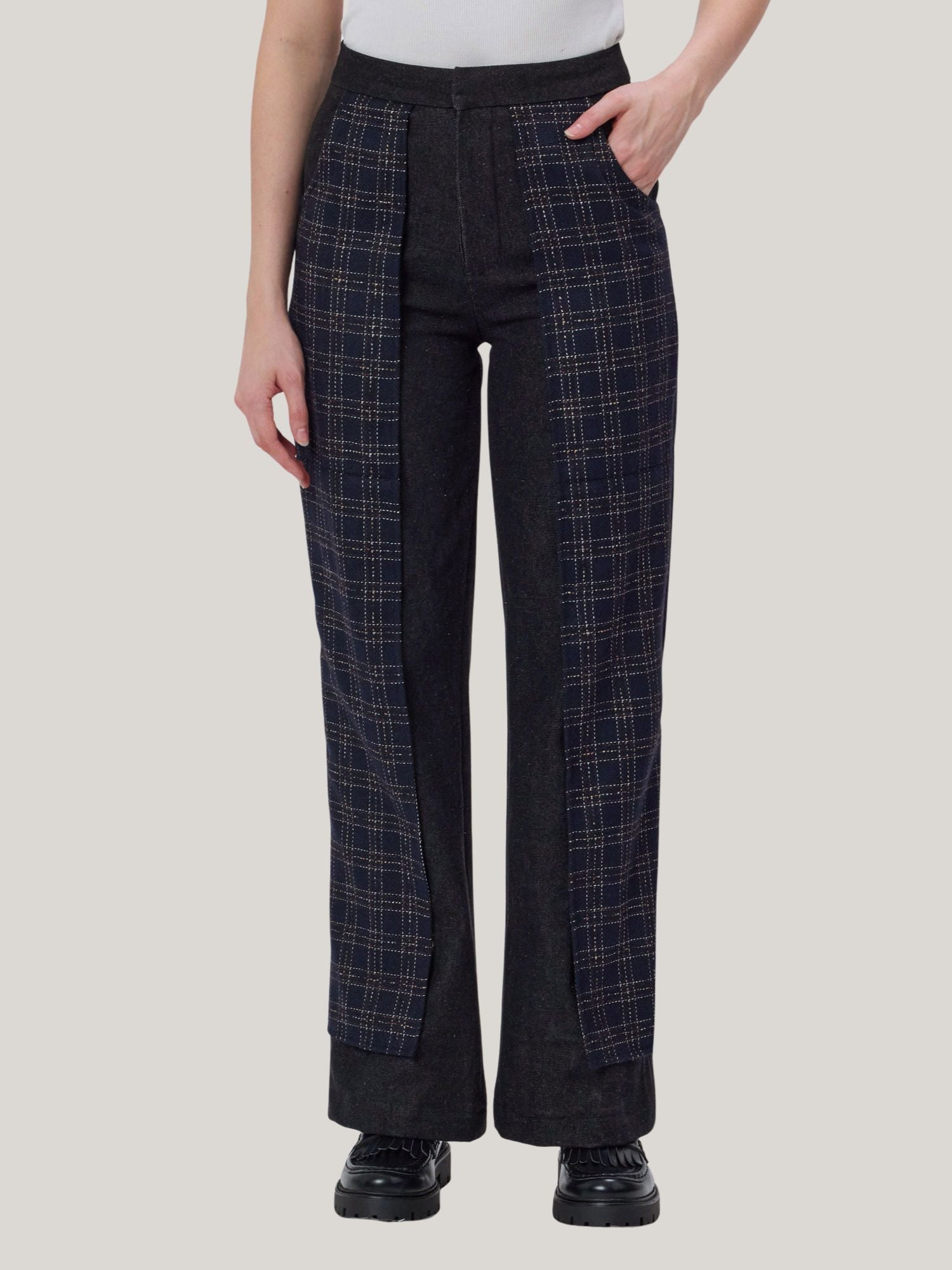DENIM AND CHECKS TWEED PANTS