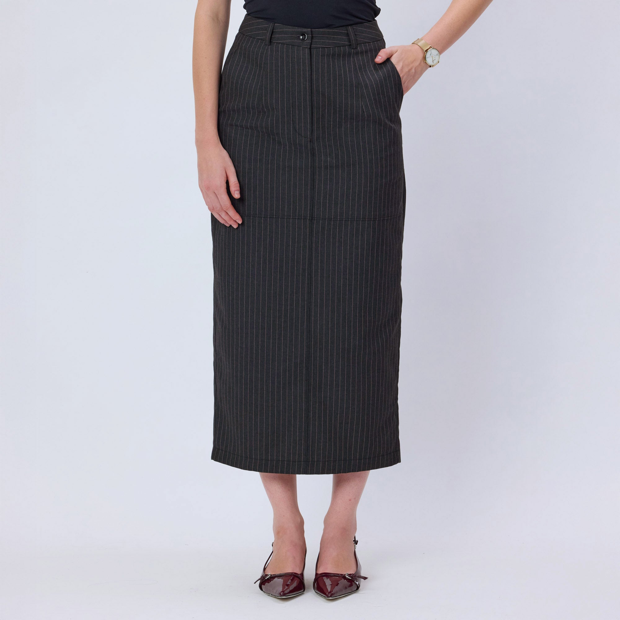 PINK AND GREY PINSTRIPE MIDI SKIRT