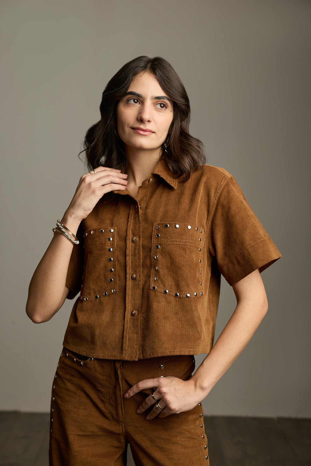 Brown Cotton Corduroy Studded Cropped Shirt