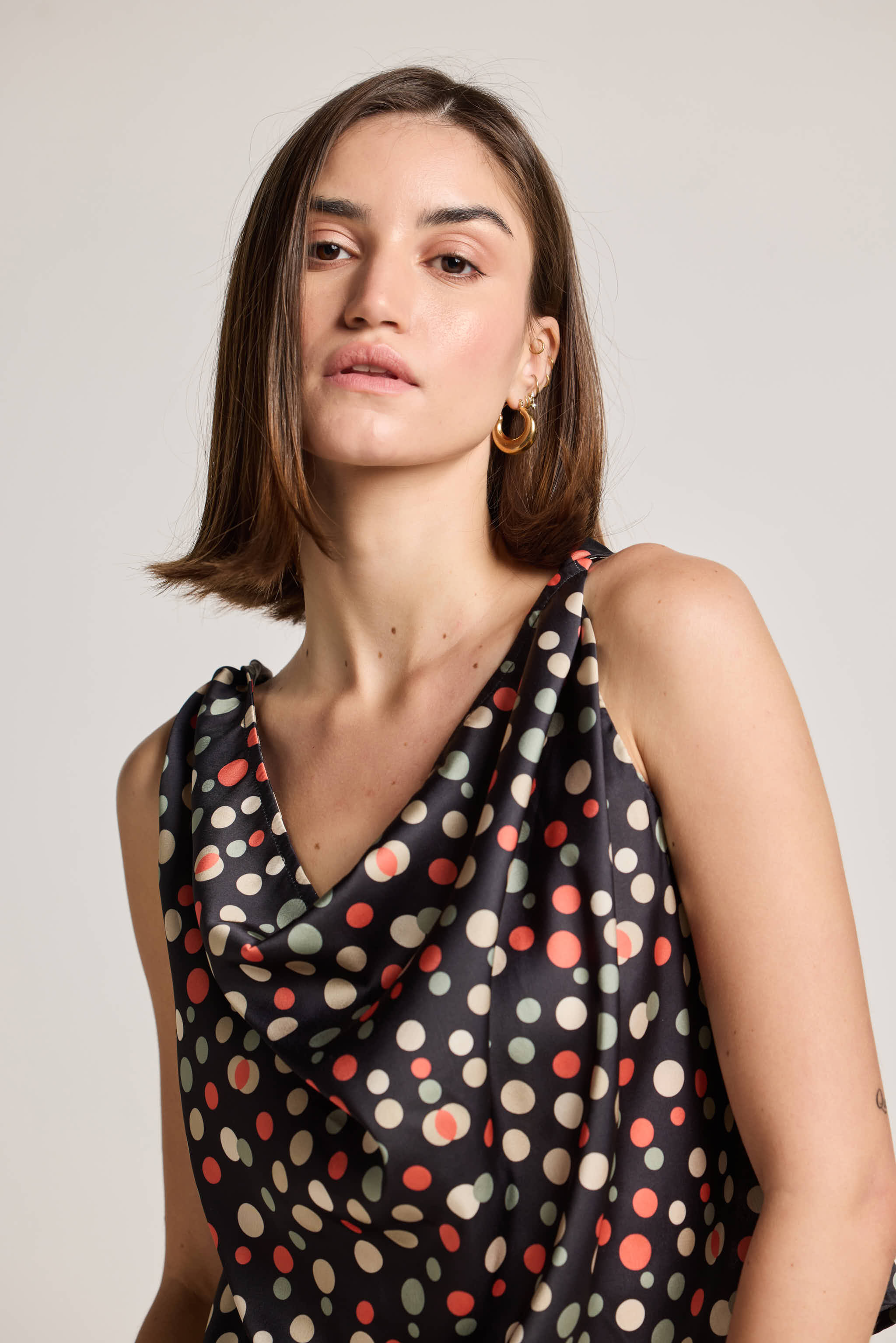 Polka Gems Cowl Neck Sleeveless Printed Top