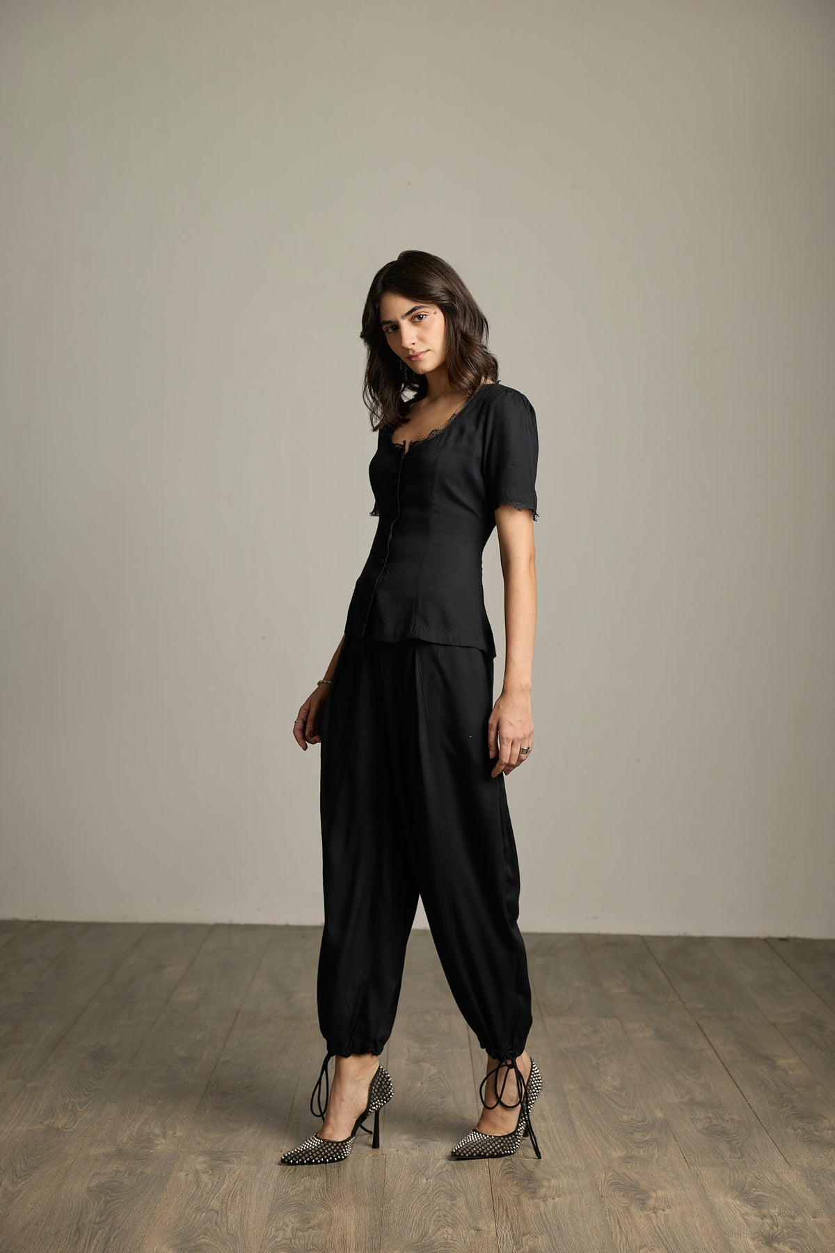 Black Viscose Rayon Drawstring-Hem Barrel-Leg Trousers