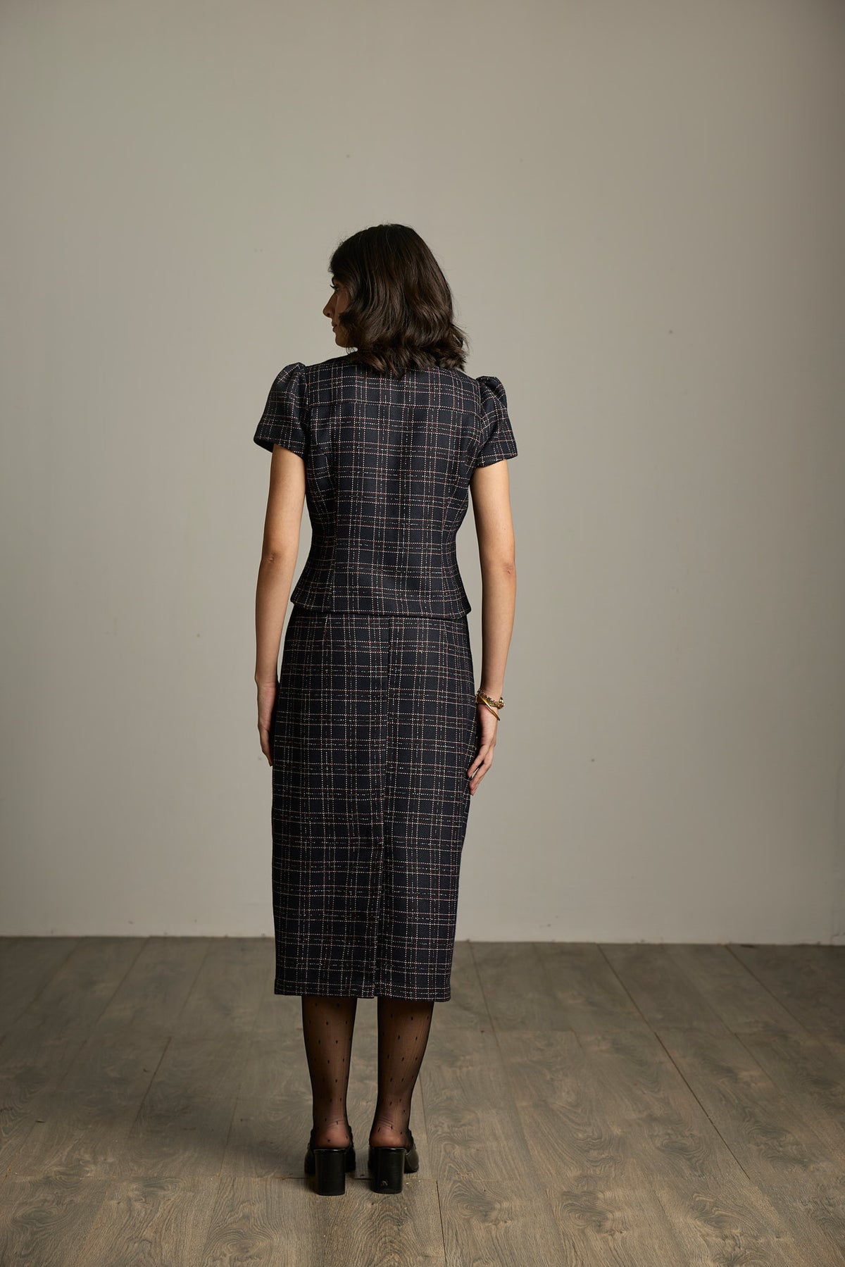 Blue & Black Checked Tweed Puff Sleeve Top