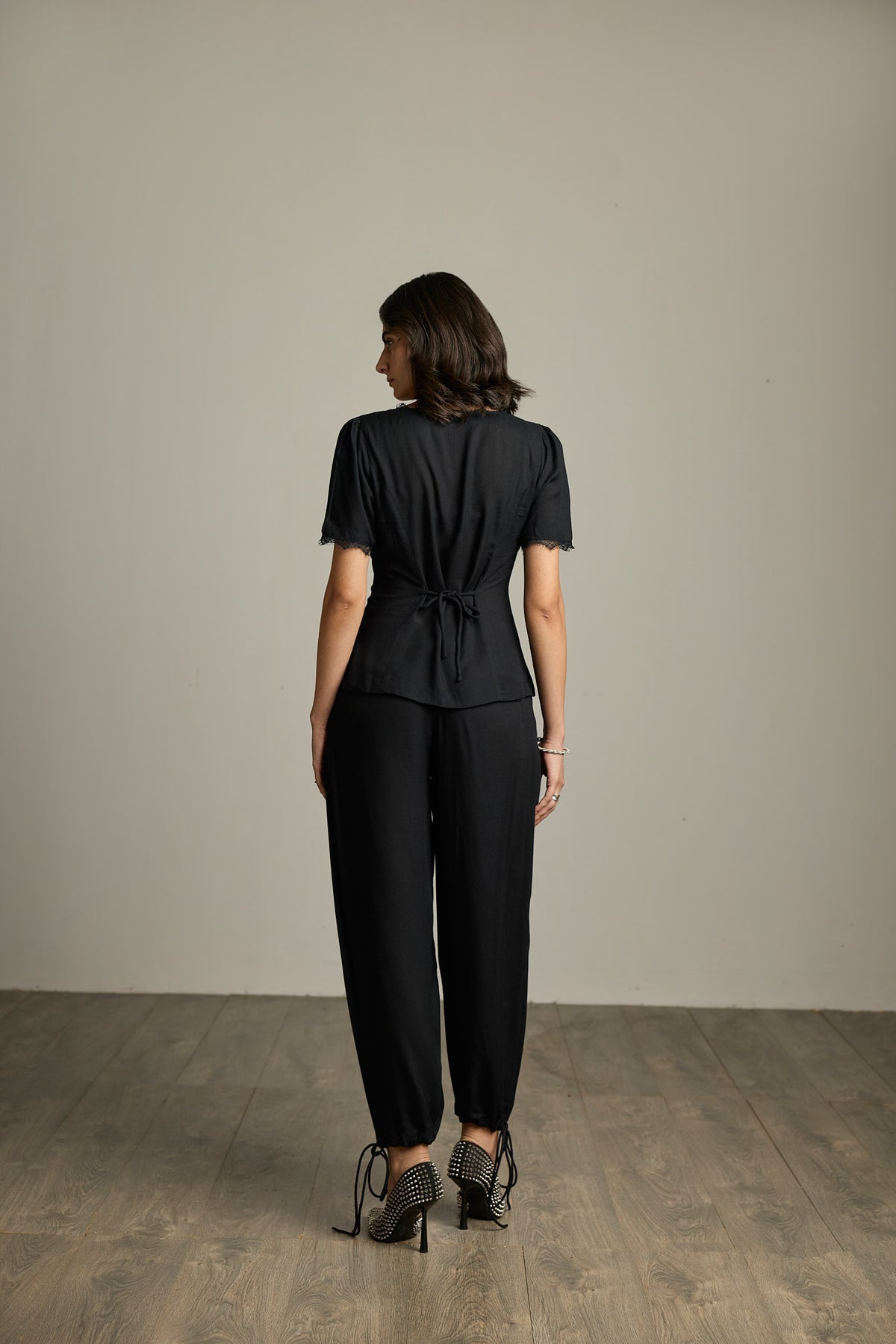 Black Viscose Rayon Drawstring-Hem Barrel-Leg Trousers