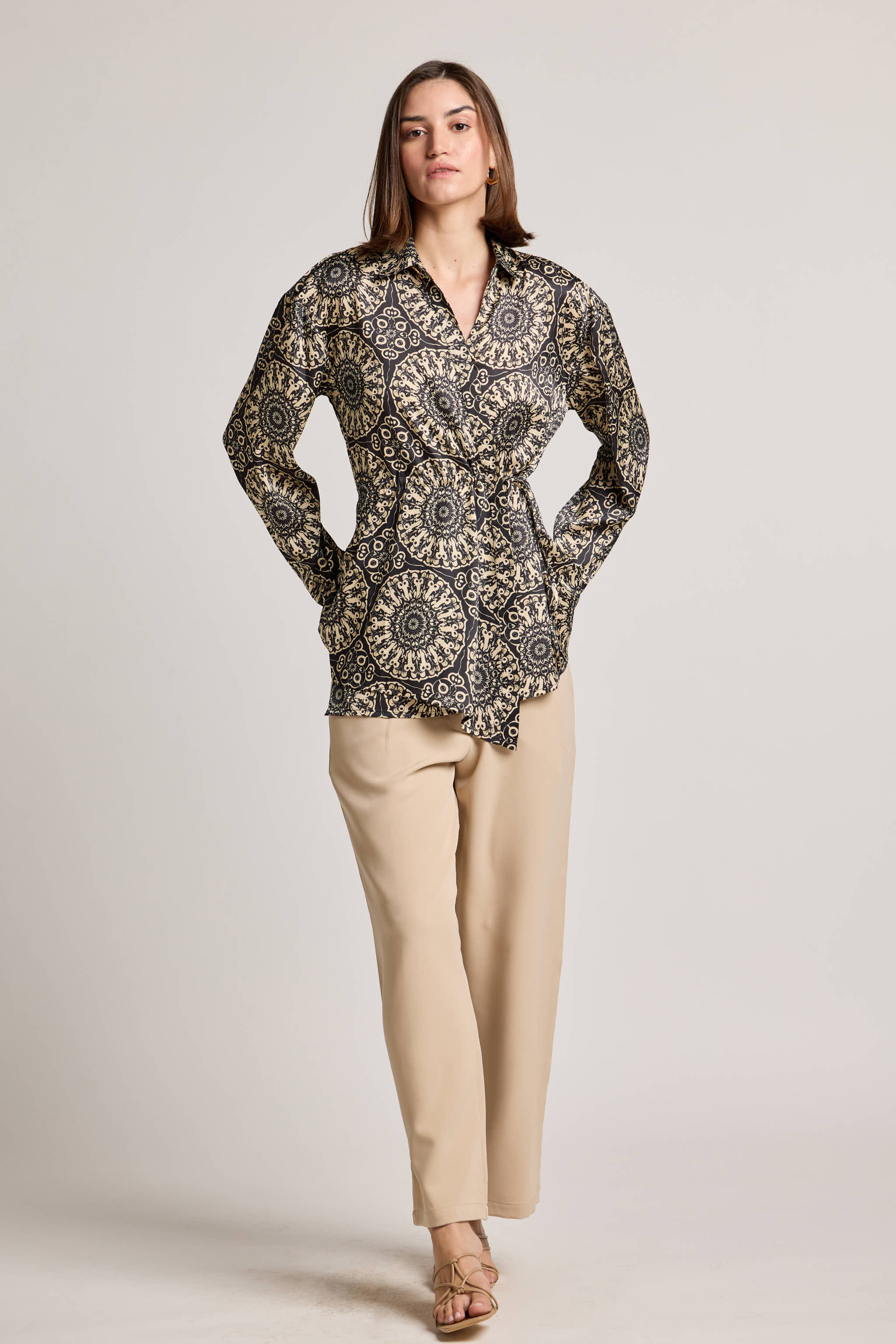 Mandala Black Printed Shirt with Waist Tie