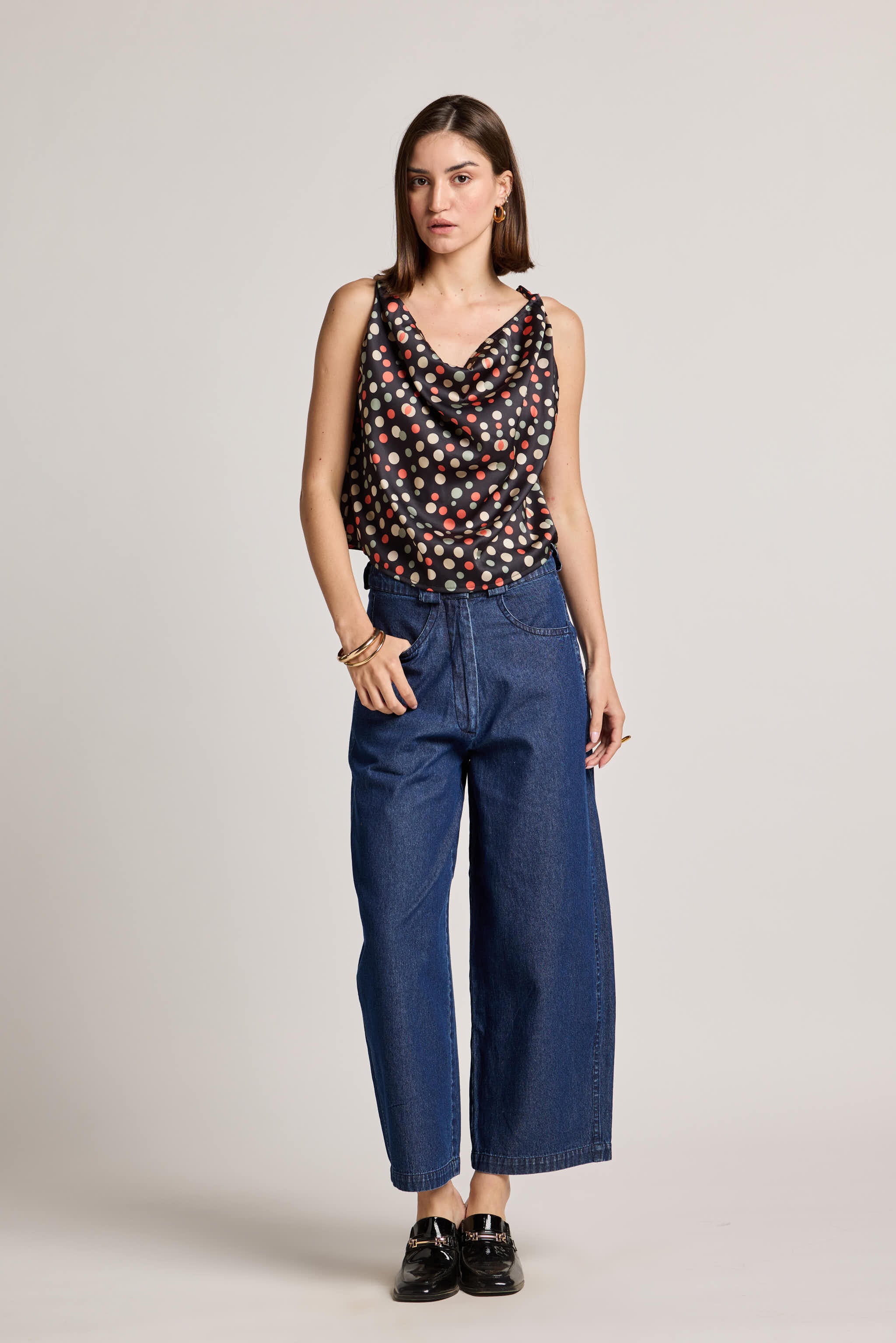 Polka Gems Cowl Neck Sleeveless Printed Top