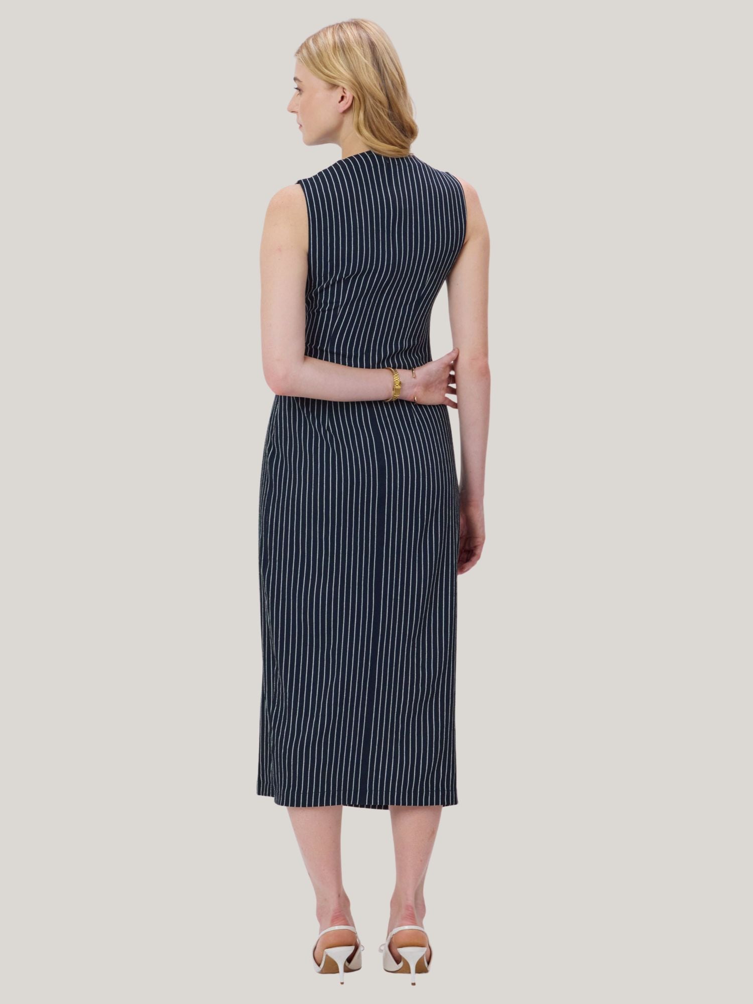 MIDNIGHT BLUE & WHITE STRIPED MIDI DRESS WITH BROOCH