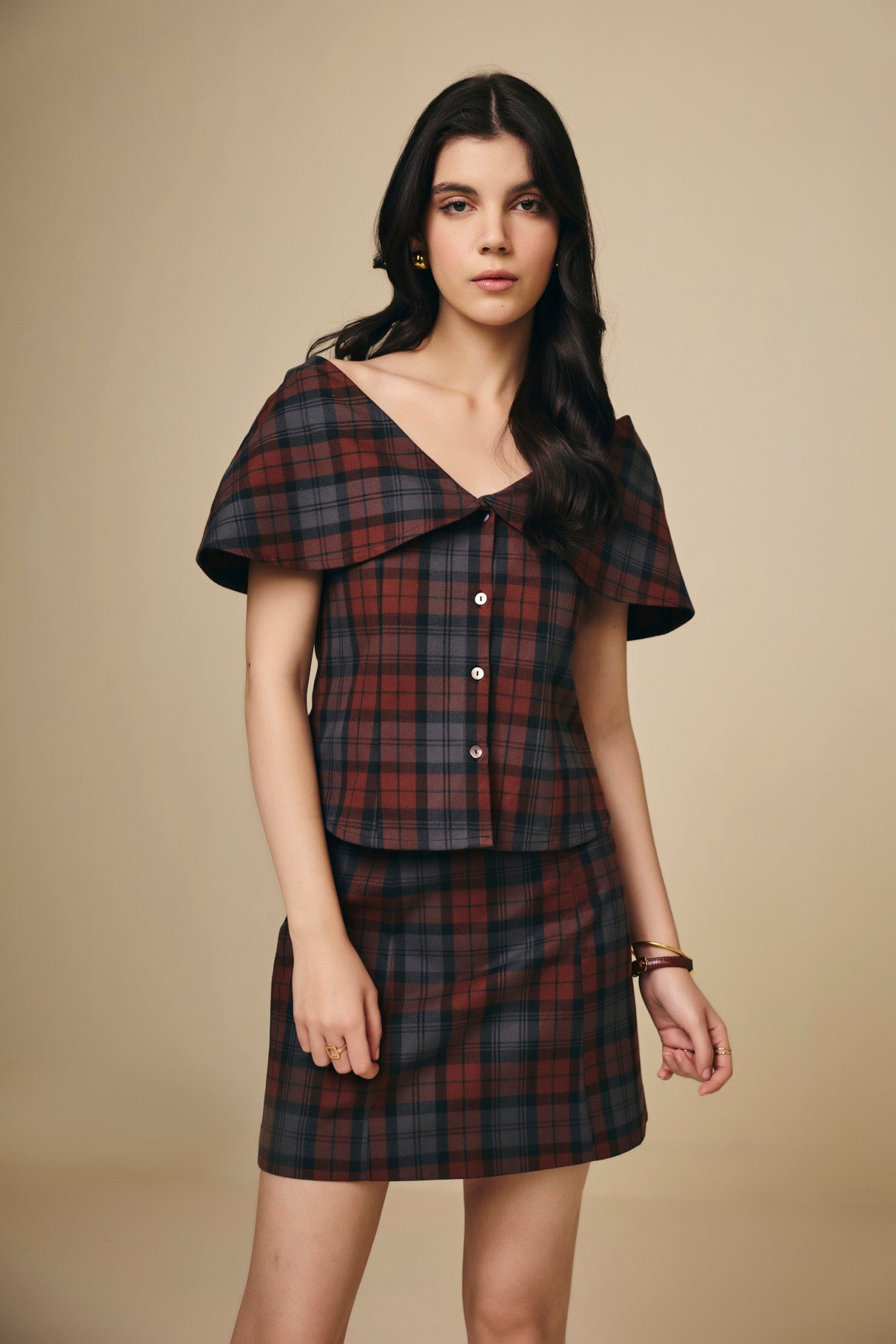 Brown and Blue Checked Cotton Short Skirt