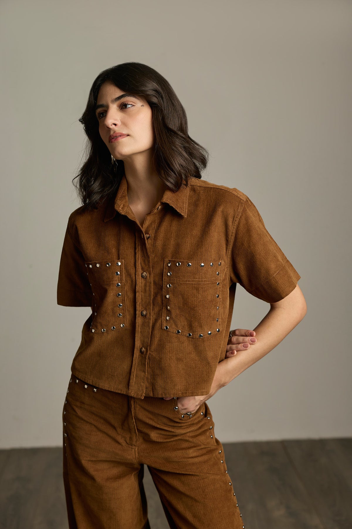 Brown Cotton Corduroy Studded Cropped Shirt