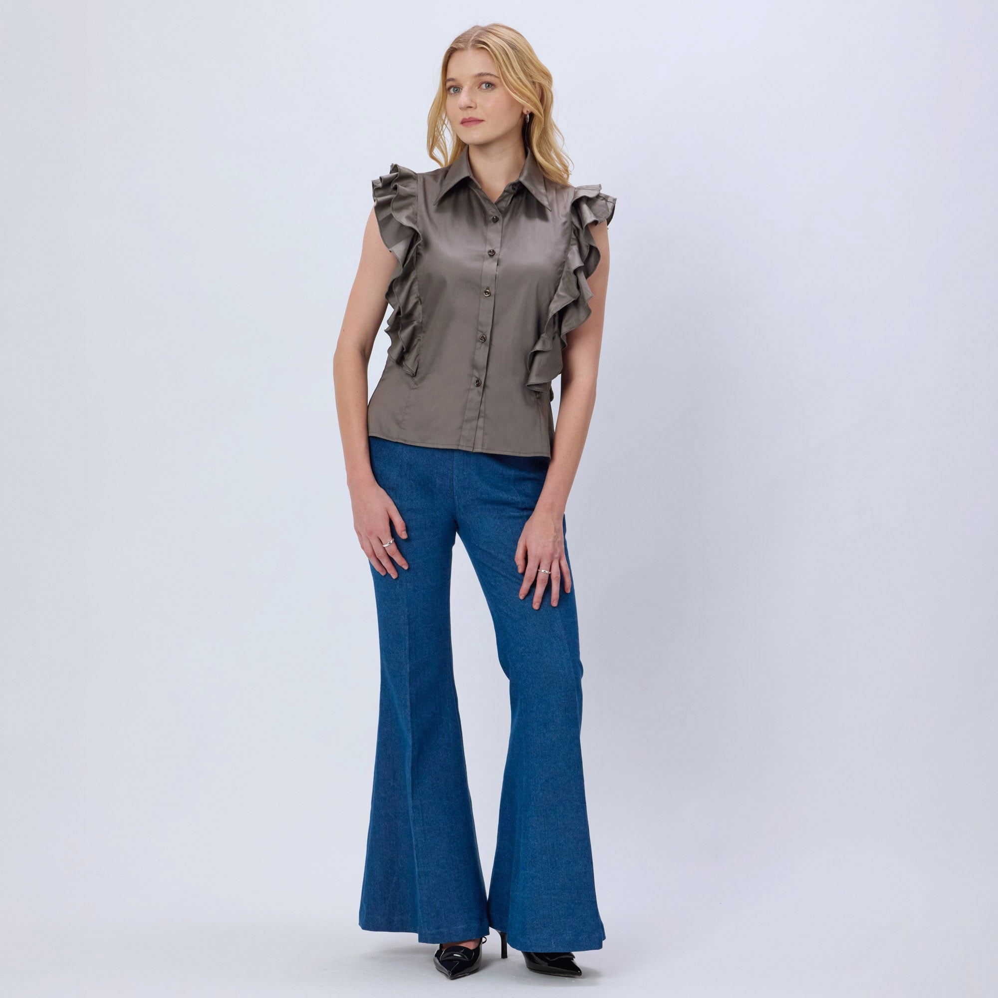 CHARCOAL GREY COTTON RUFFLE SHIRT