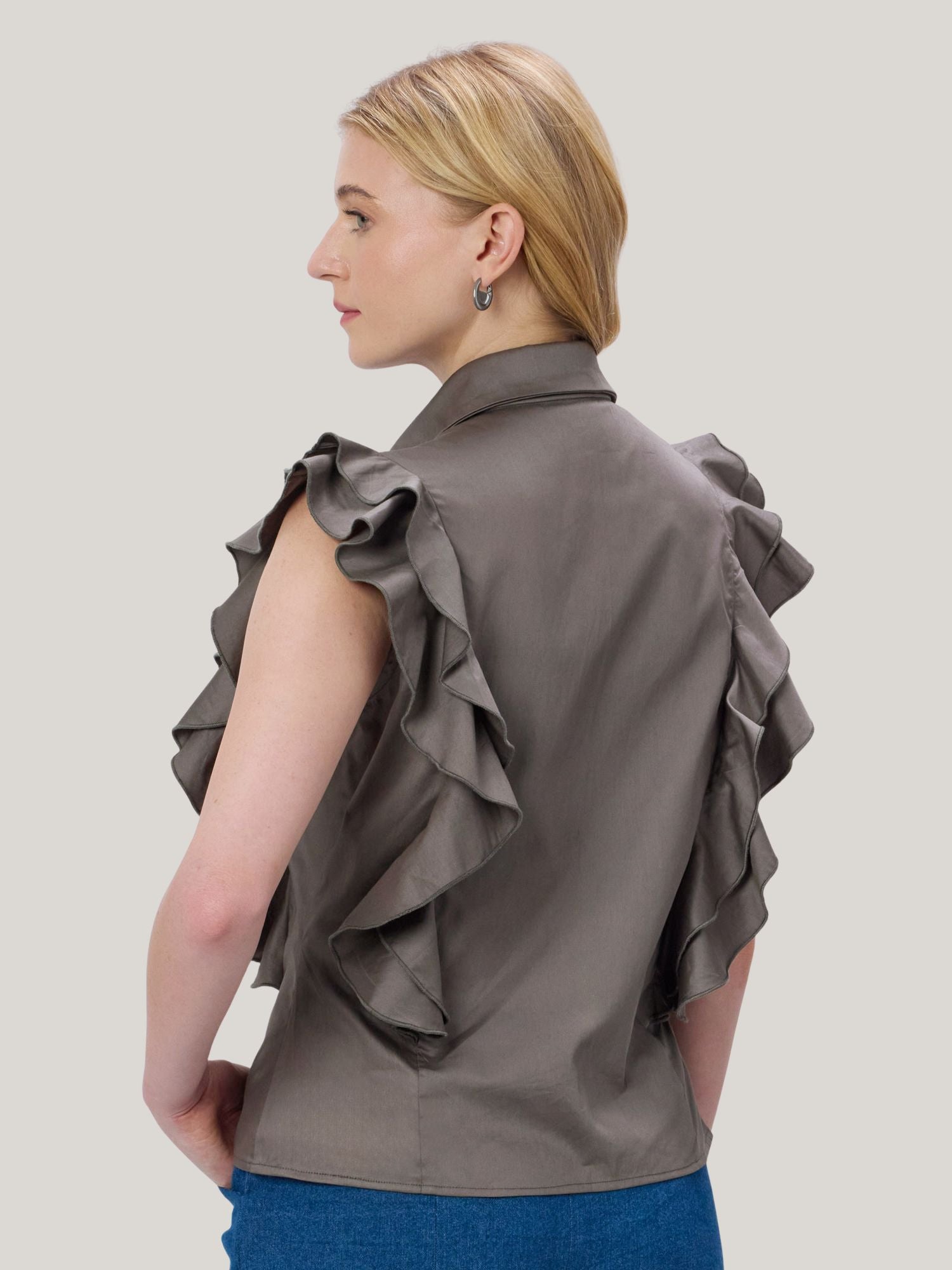 CHARCOAL GREY COTTON RUFFLE SHIRT