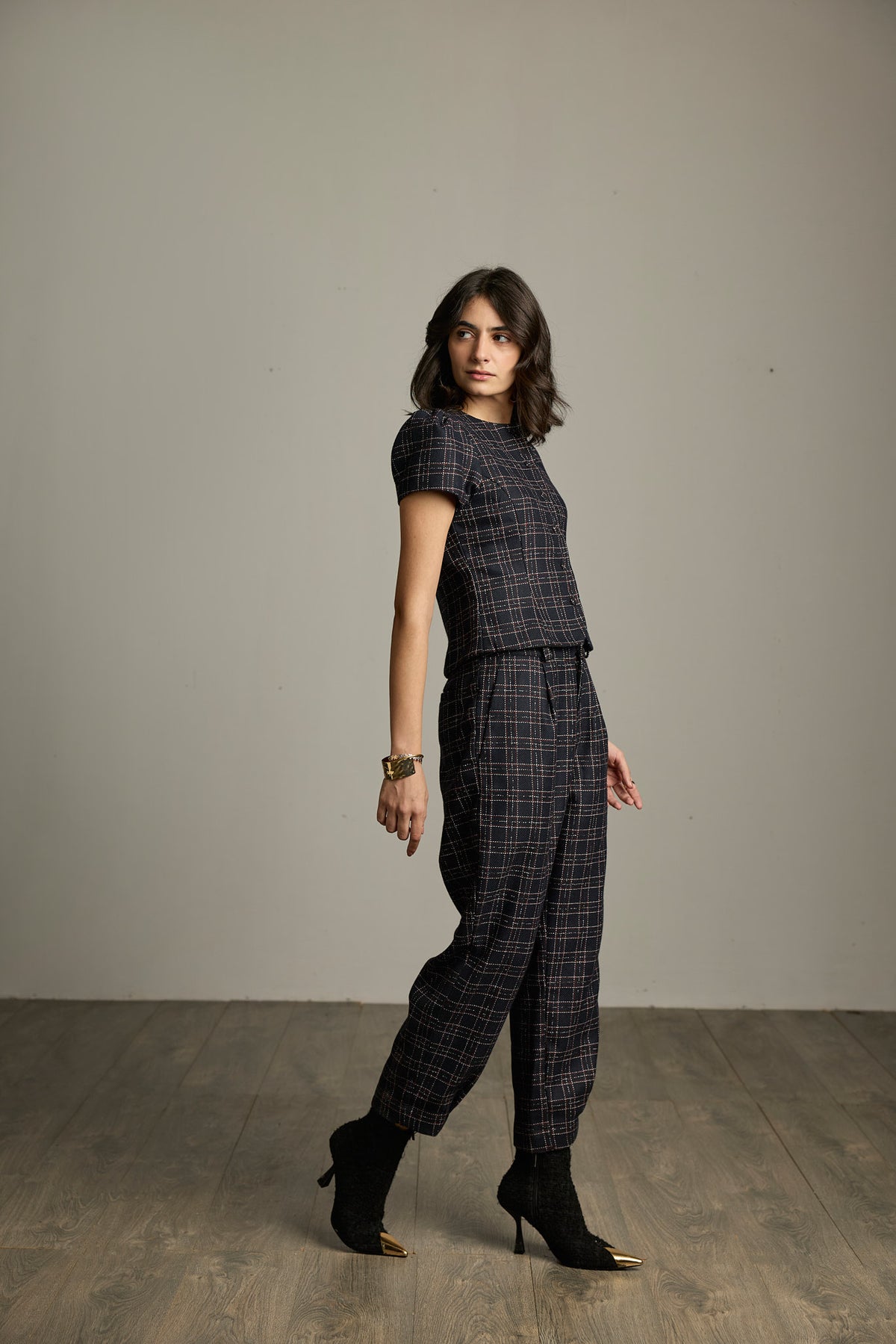 Blue & Black Checked Tweed Barrel-Leg Trousers