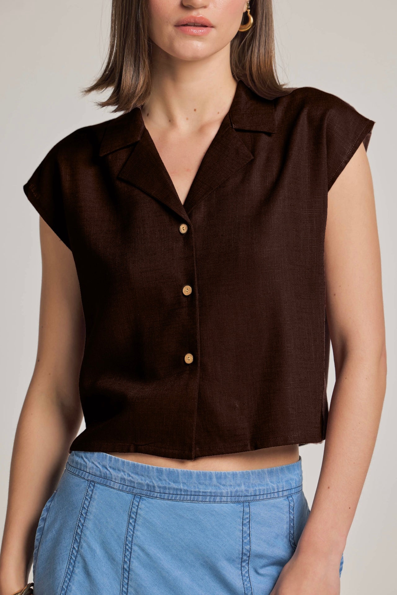 Brown Cotton Linen Short Shirt