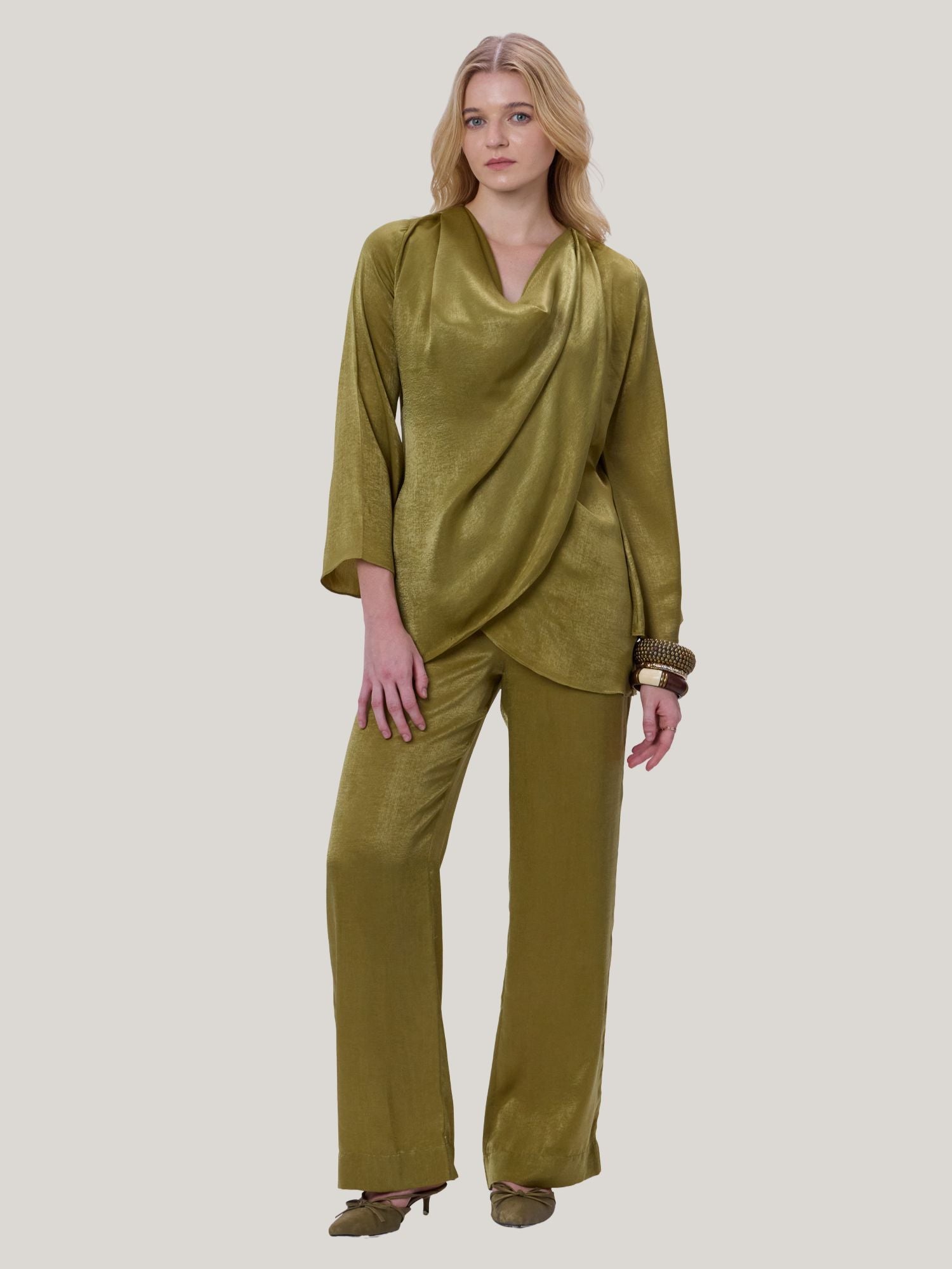 GOLDEN SATIN COWL NECK TOP