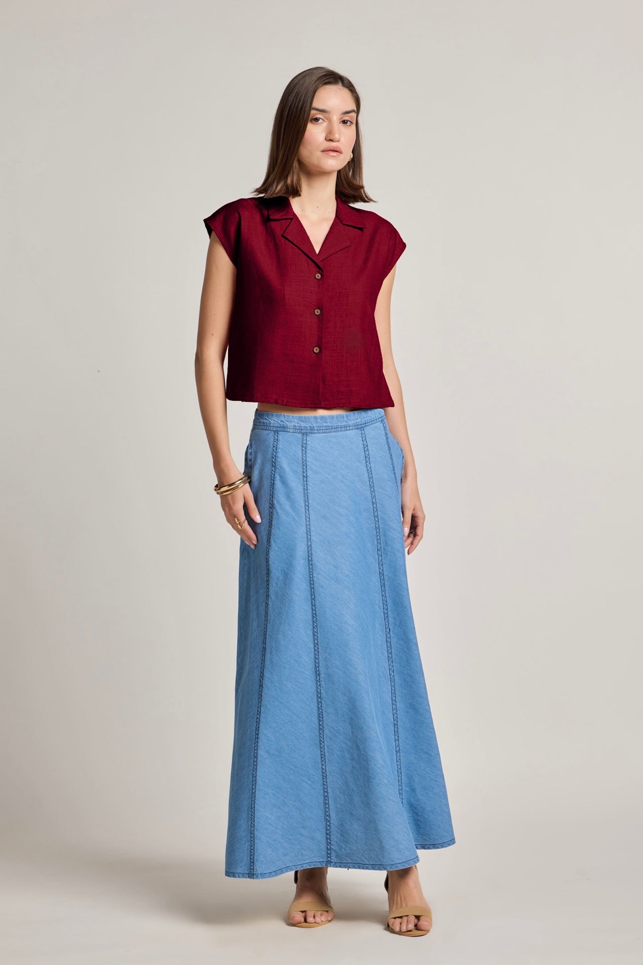 Red Cotton Linen Short Shirt