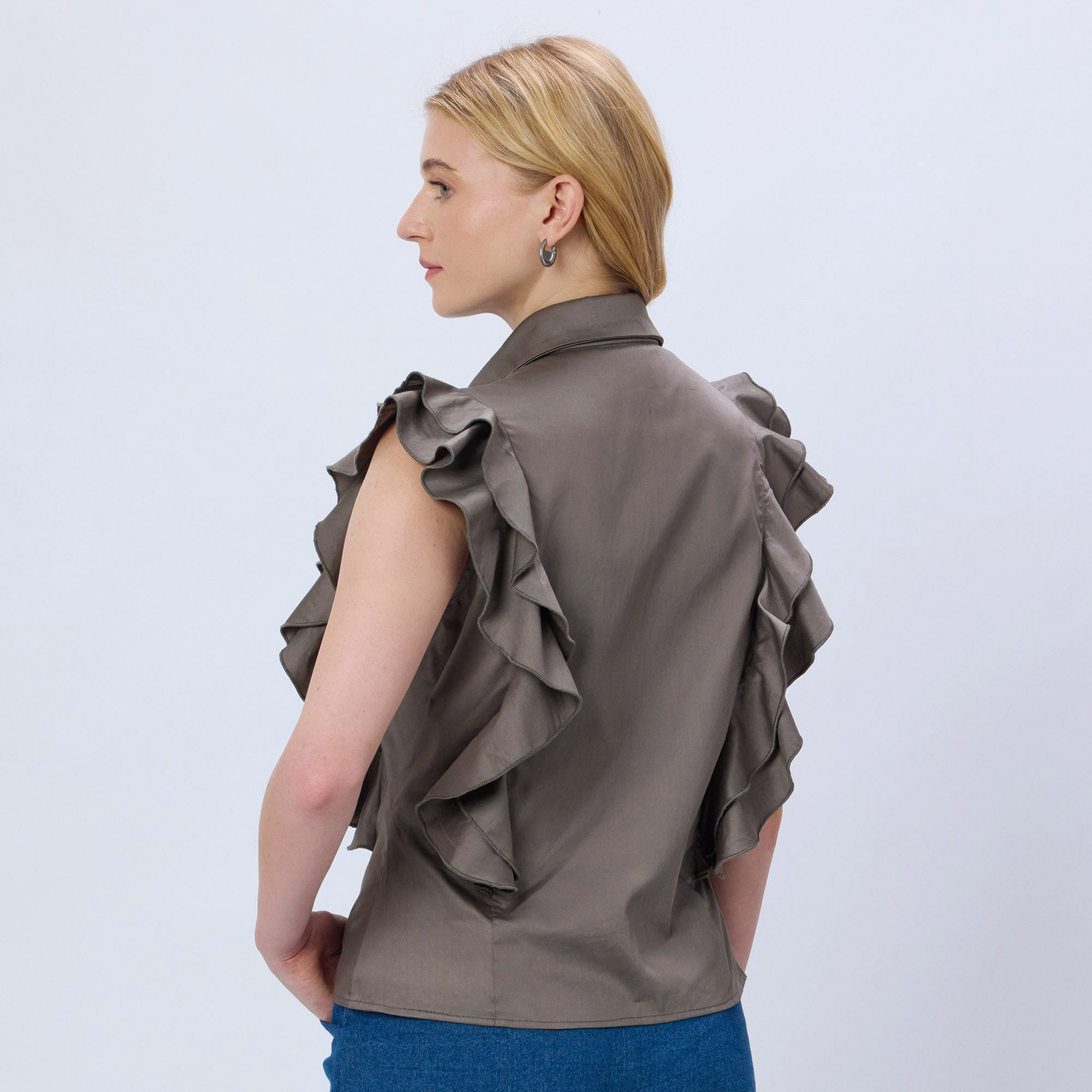CHARCOAL GREY COTTON RUFFLE SHIRT