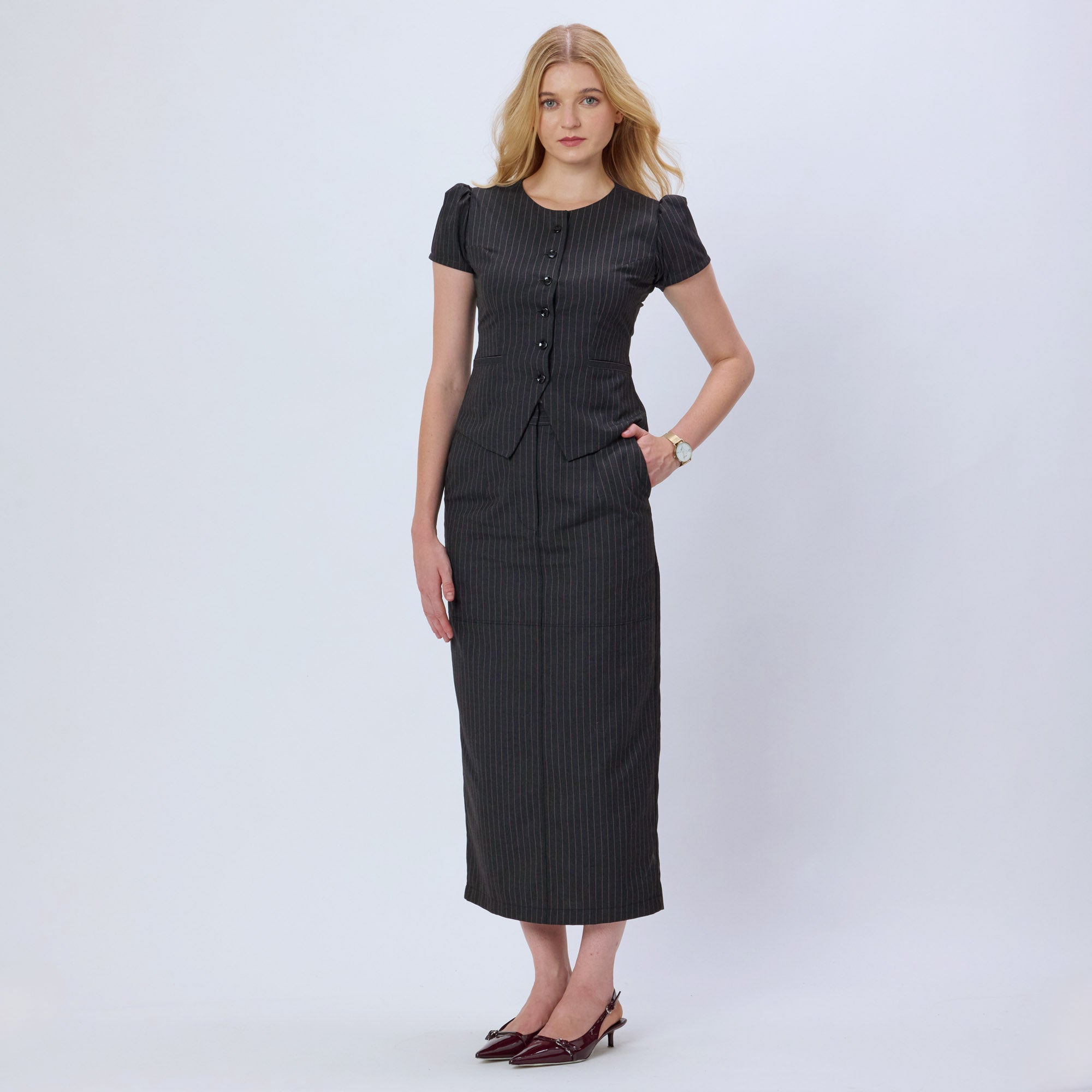 PINK AND GREY PINSTRIPE TOP