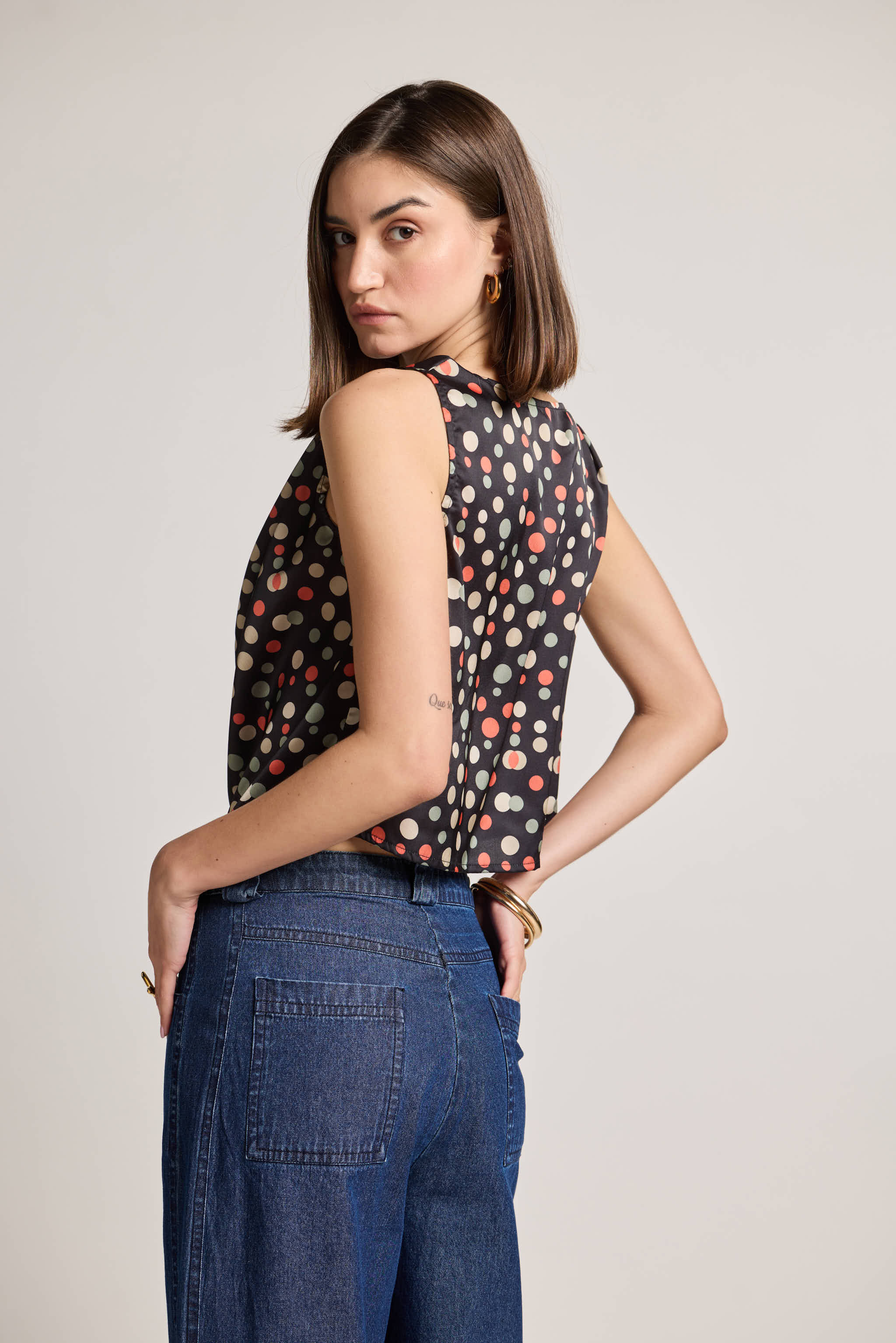 Polka Gems Cowl Neck Sleeveless Printed Top