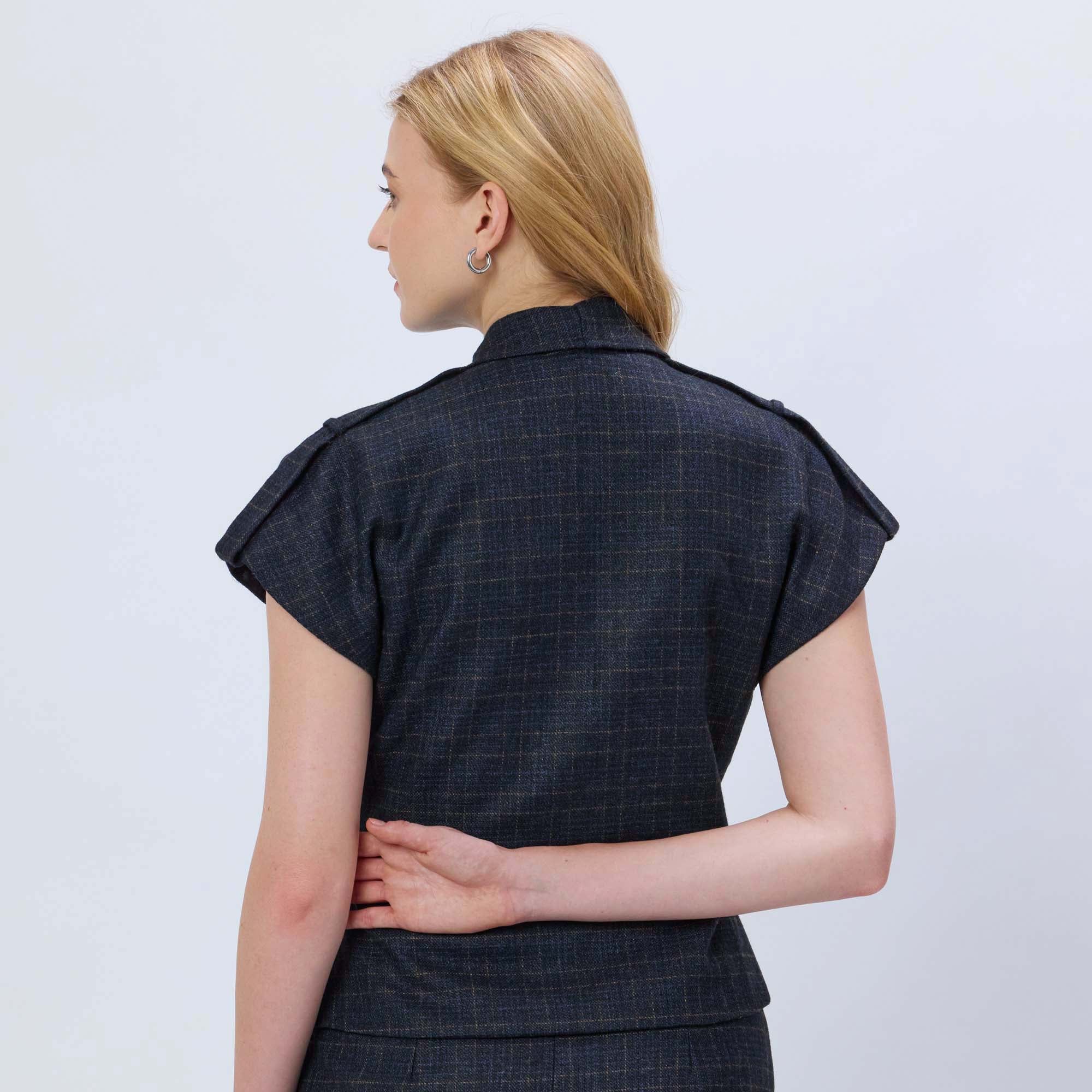 BLUE CHECKED WOOL TWEED TOP