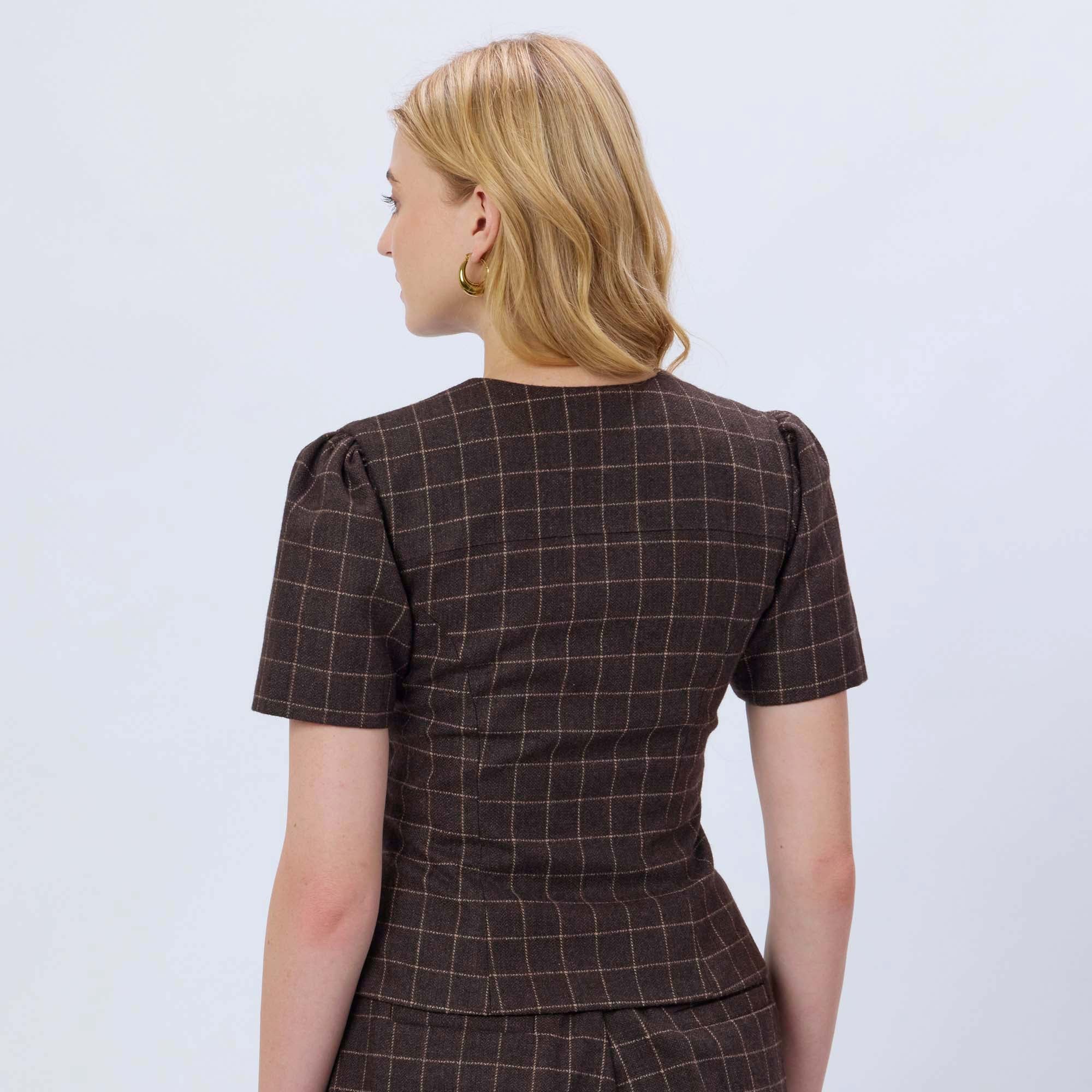 BROWN CHECKED WOOL TWEED TOP