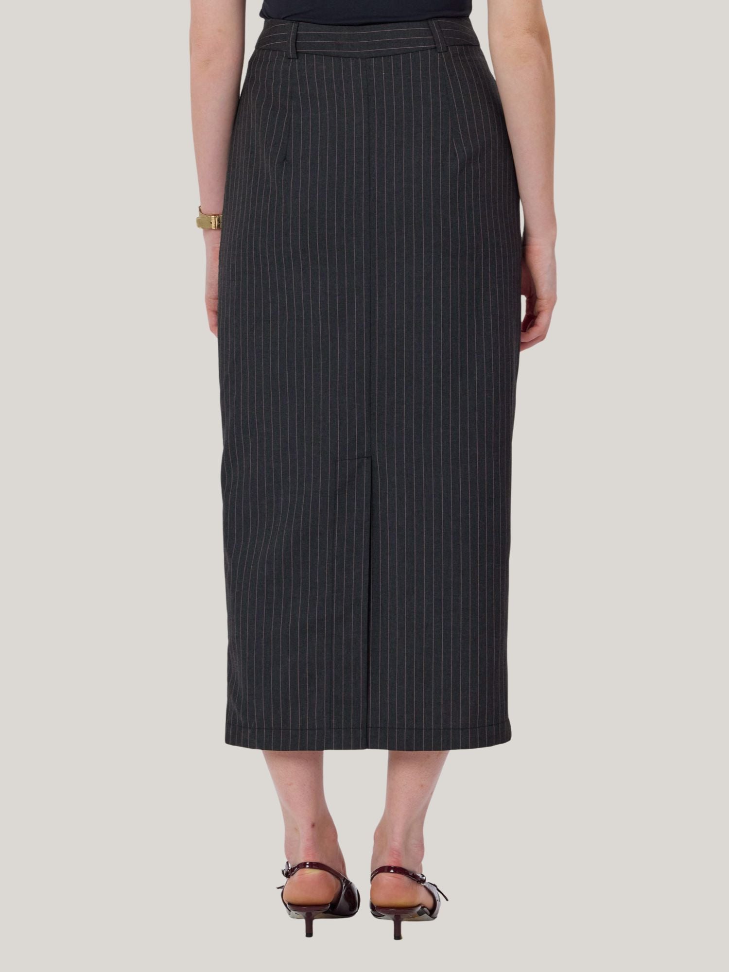 PINK AND GREY PINSTRIPE MIDI SKIRT