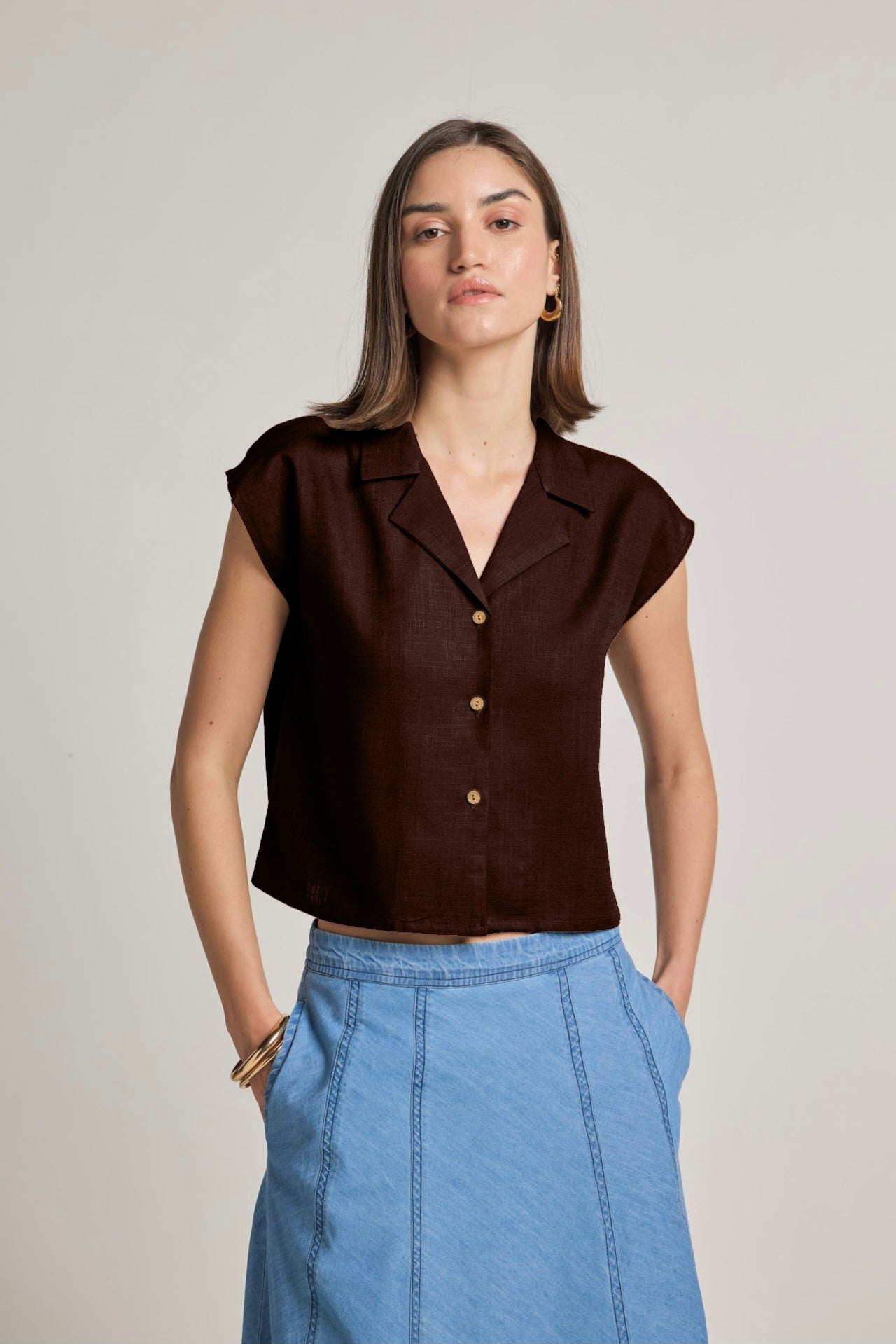 Brown Cotton Linen Short Shirt