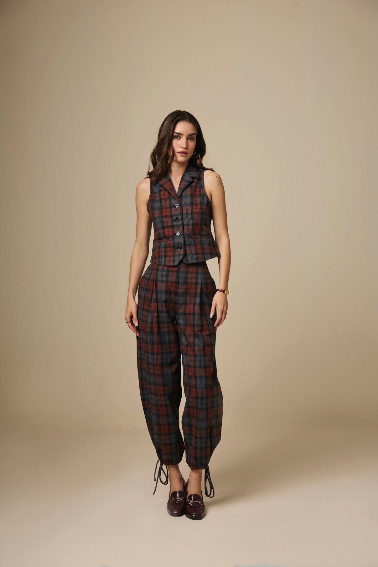 Brown and Blue Checked Cotton Waistcoat