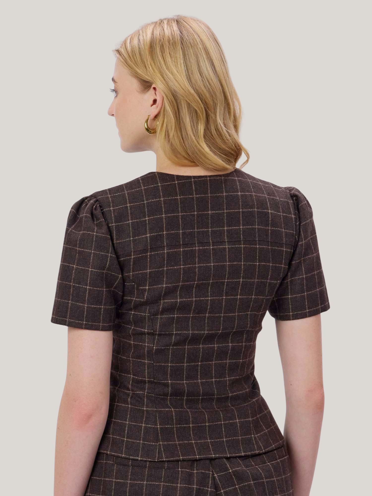 BROWN CHECKED WOOL TWEED TOP
